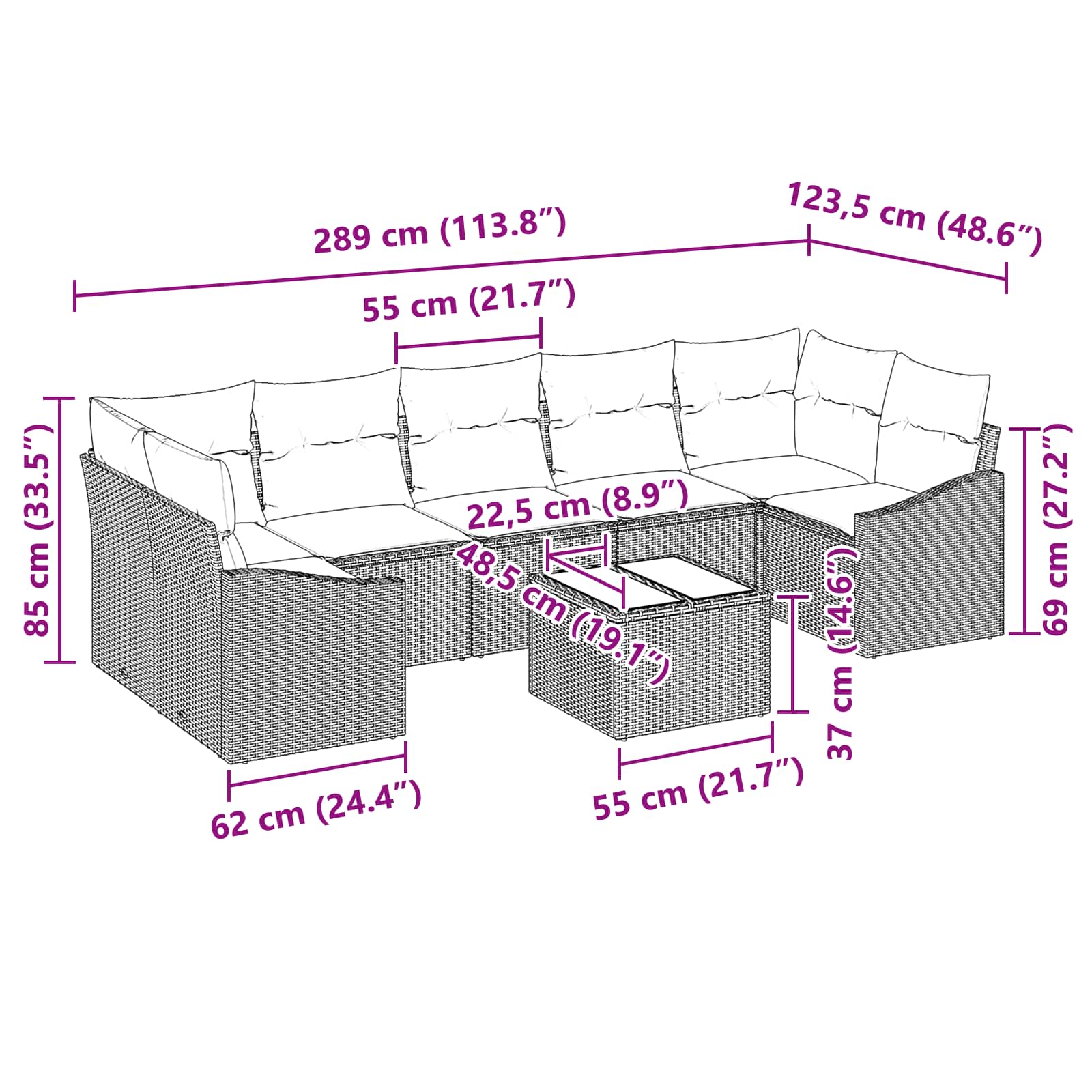 vidaXL Bankstel met kussen 8 pcs Zwart en Turquoise poly rattan