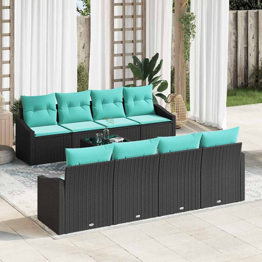 vidaXL Bankstel met kussen 9 pcs Zwart en Turquoise poly rattan