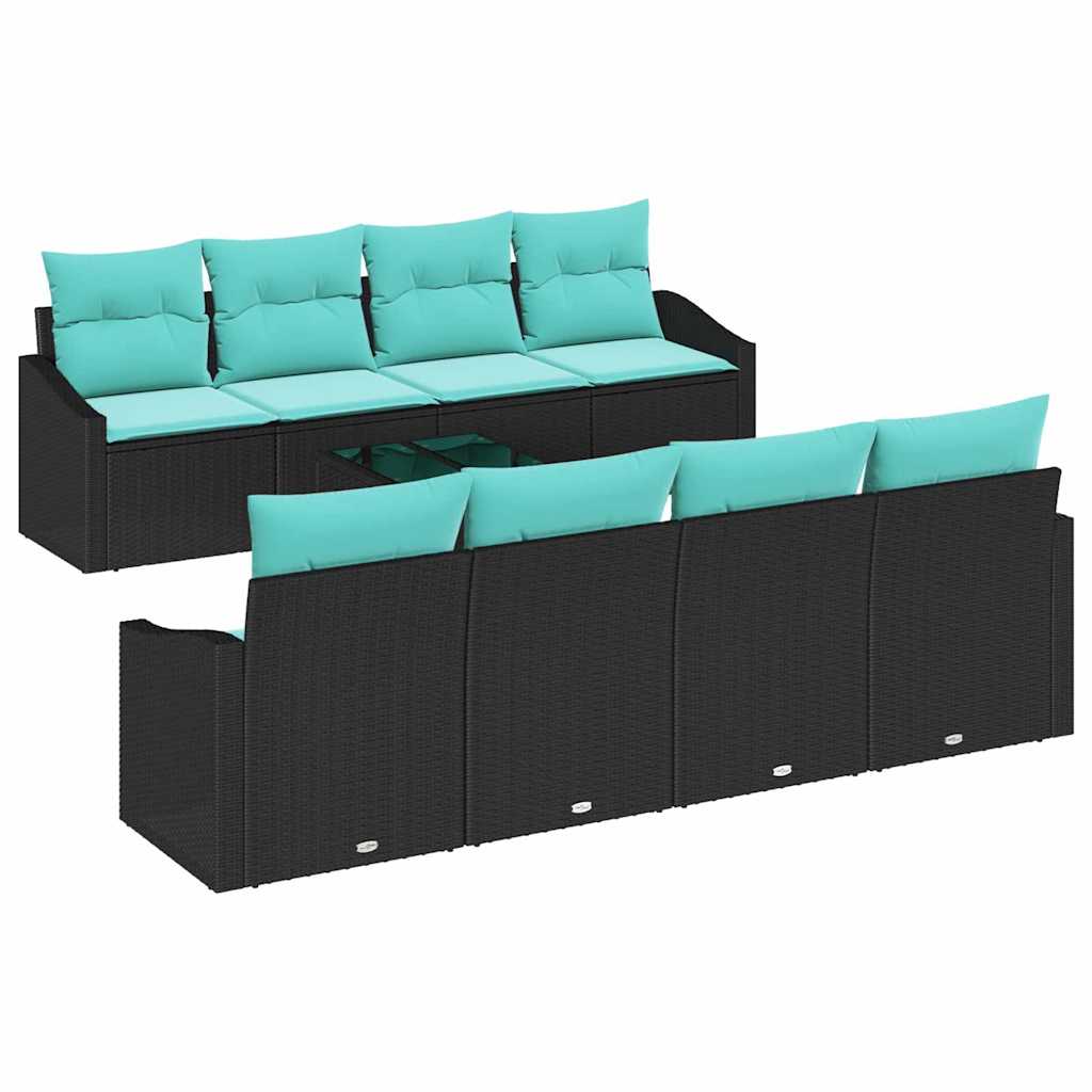 vidaXL Bankstel met kussen 9 pcs Zwart en Turquoise poly rattan