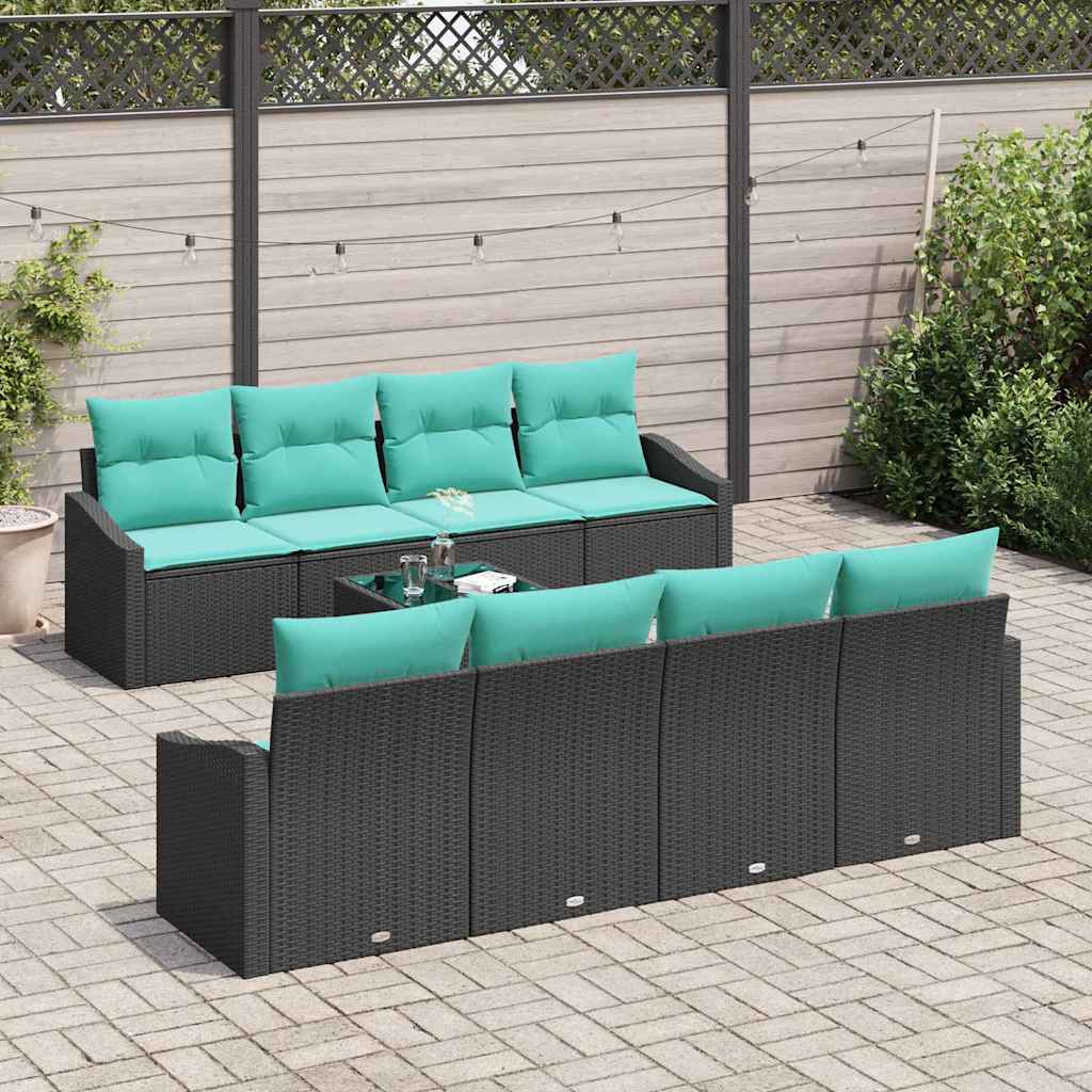 vidaXL Bankstel met kussen 9 pcs Zwart en Turquoise poly rattan