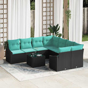 vidaXL Bankstel met kussen 9 pcs Zwart en Turquoise poly rattan