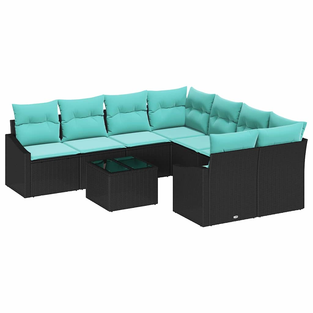 vidaXL Bankstel met kussen 9 pcs Zwart en Turquoise poly rattan