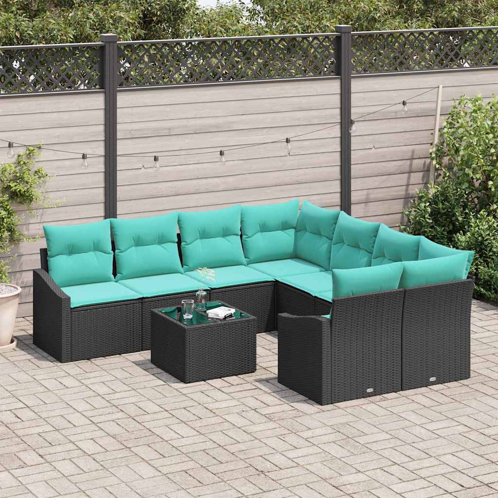 vidaXL Bankstel met kussen 9 pcs Zwart en Turquoise poly rattan