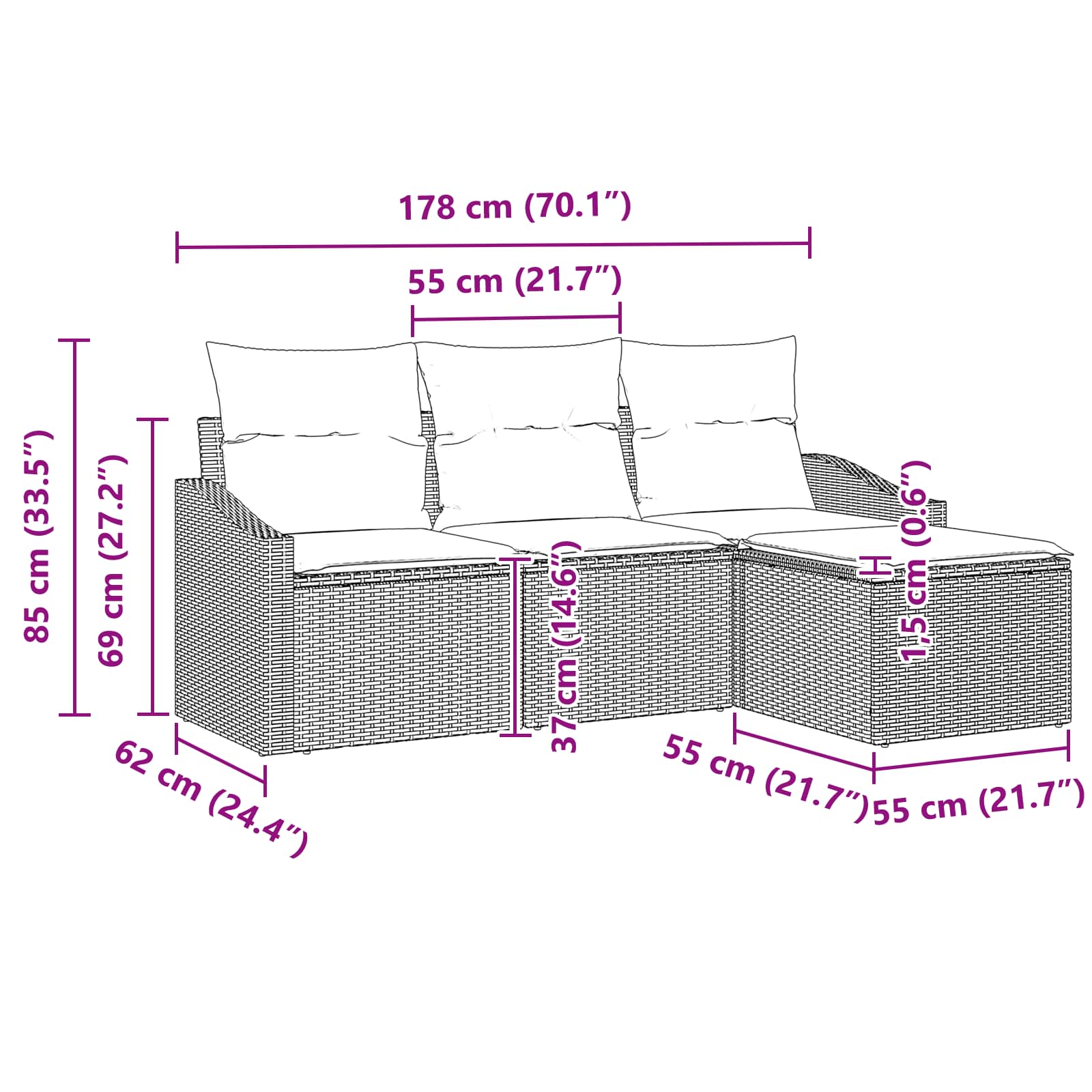 vidaXL Bankstel met kussen 4 pcs Zwart poly rattan