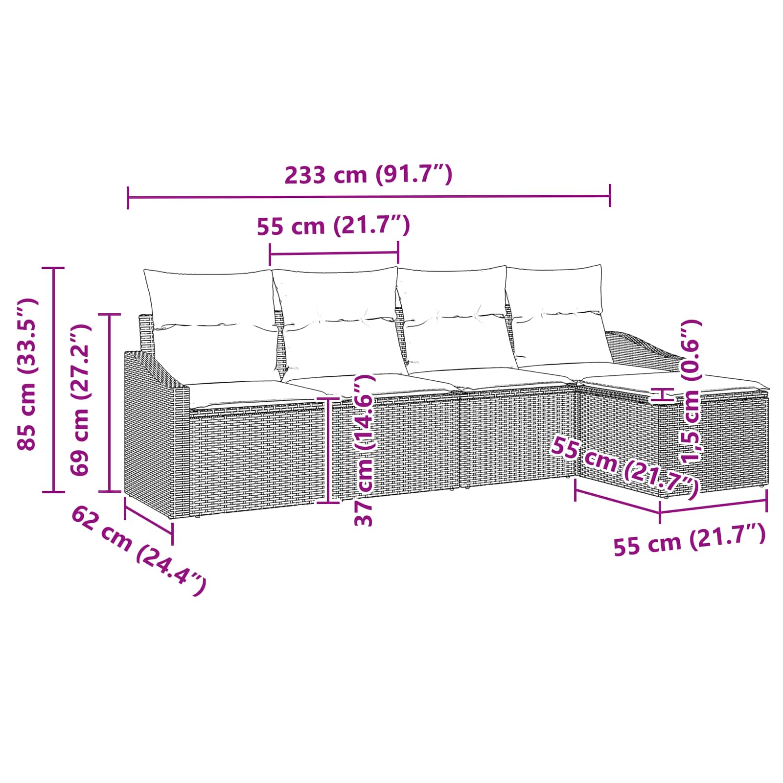 vidaXL Bankstel met kussen 5 pcs Zwart poly rattan