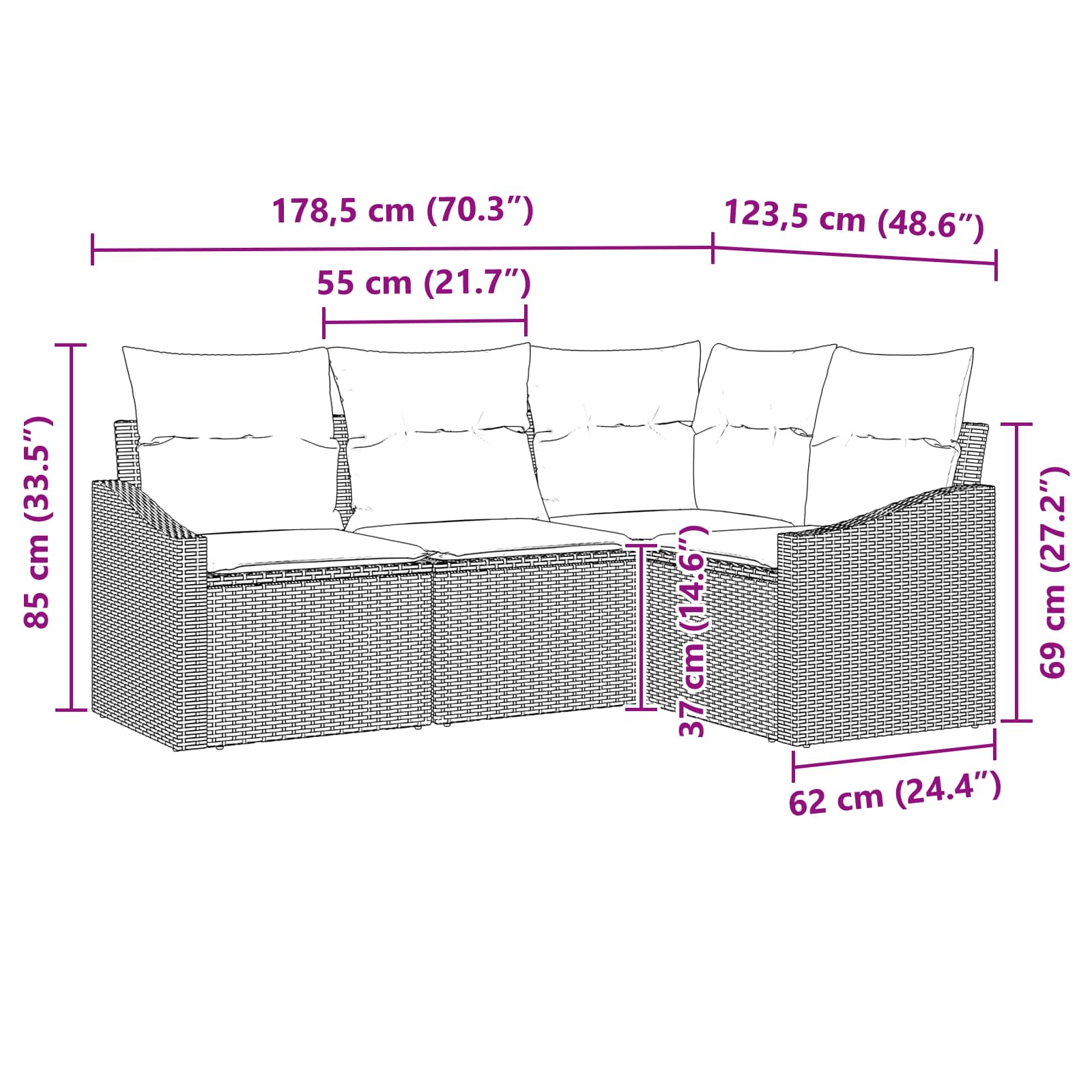vidaXL Bankstel met kussen 4 pcs Zwart poly rattan