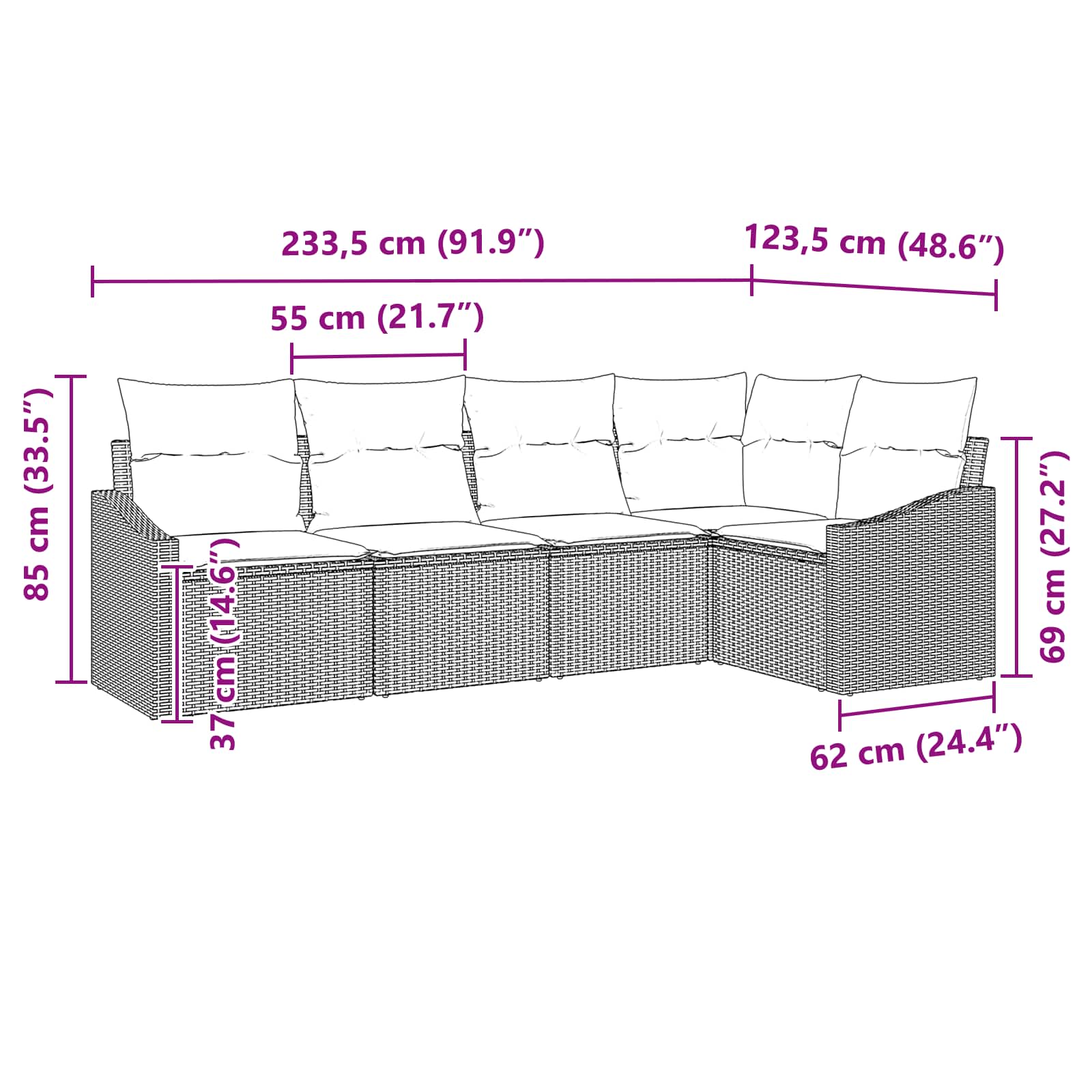 vidaXL Bankstel met kussen 5 pcs Zwart poly rattan