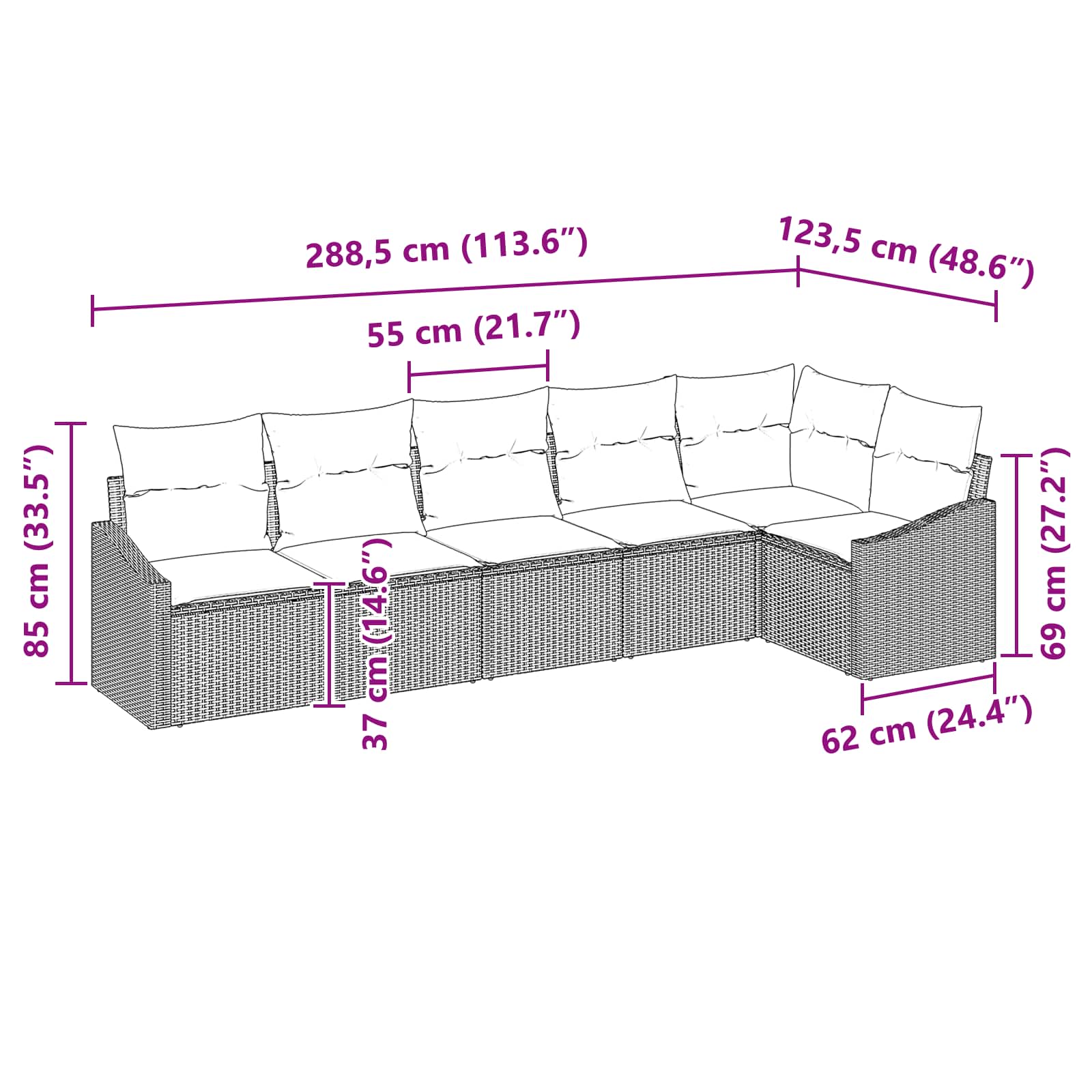 vidaXL Bankstel met kussen 6 pcs Zwart poly rattan