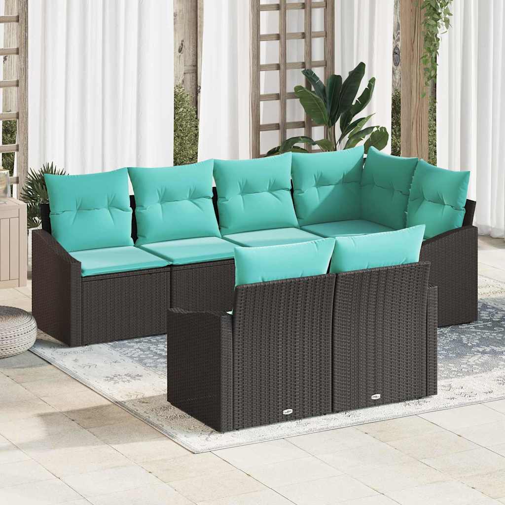 vidaXL Bankstel met kussen 7 pcs Zwart poly rattan