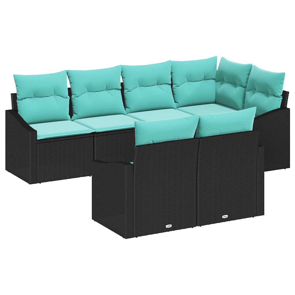 vidaXL Bankstel met kussen 7 pcs Zwart poly rattan