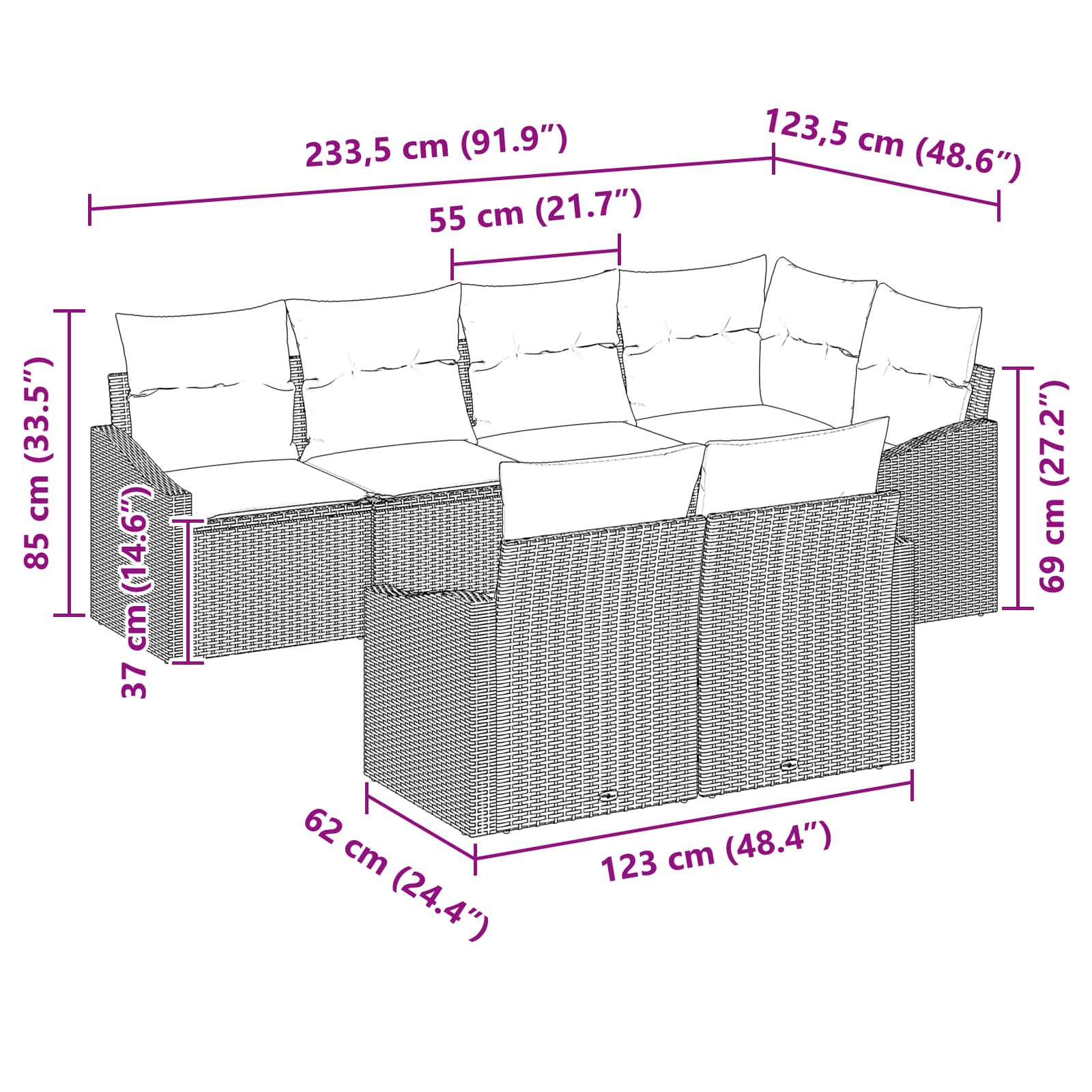 vidaXL Bankstel met kussen 7 pcs Zwart poly rattan