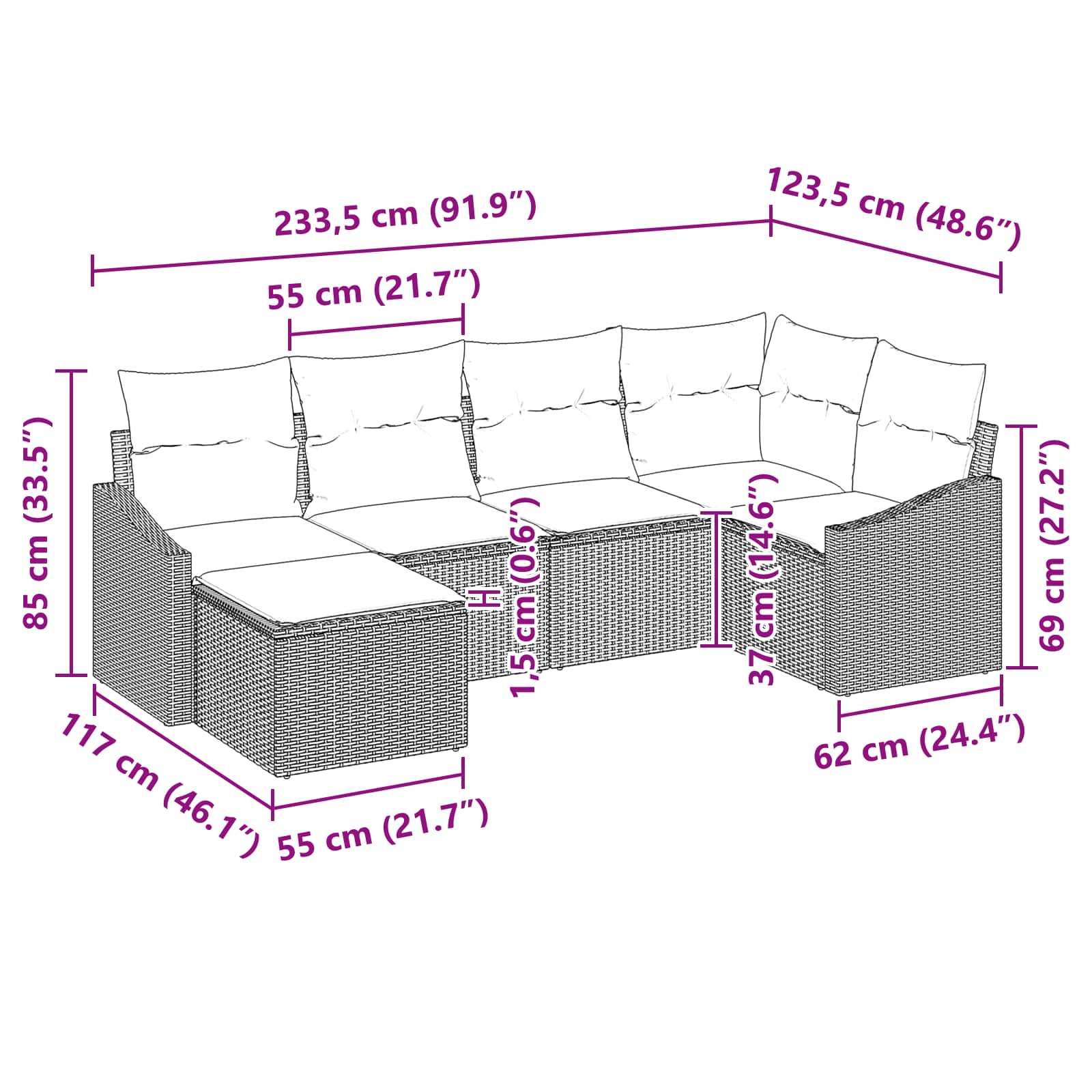 vidaXL Bankstel met kussen 6 pcs Zwart poly rattan