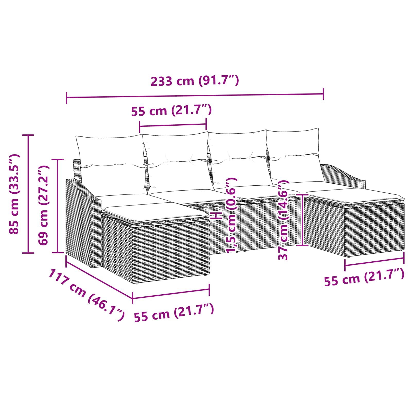 vidaXL Bankstel met kussen 6 pcs Zwart poly rattan