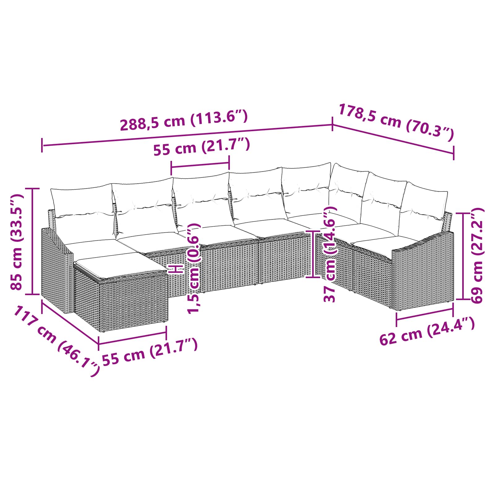vidaXL Bankstel met kussen 8 pcs Zwart poly rattan