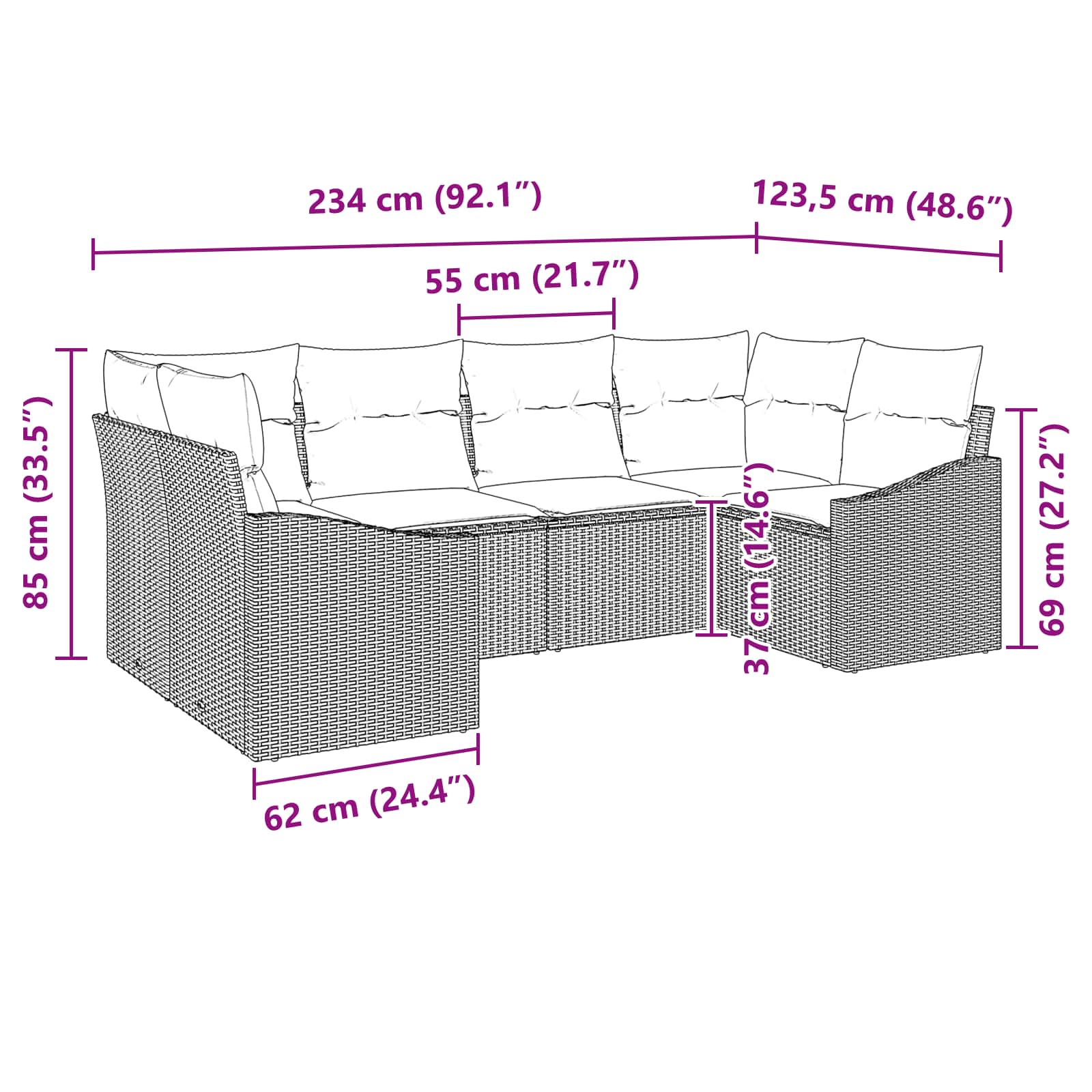 vidaXL Bankstel met kussen 6 pcs Zwart poly rattan