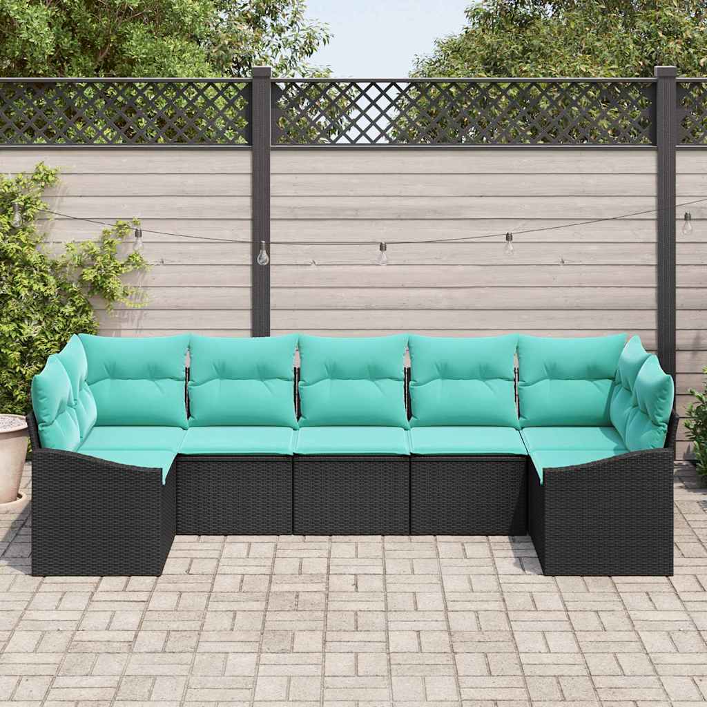 vidaXL Bankstel met kussen 7 pcs Zwart poly rattan