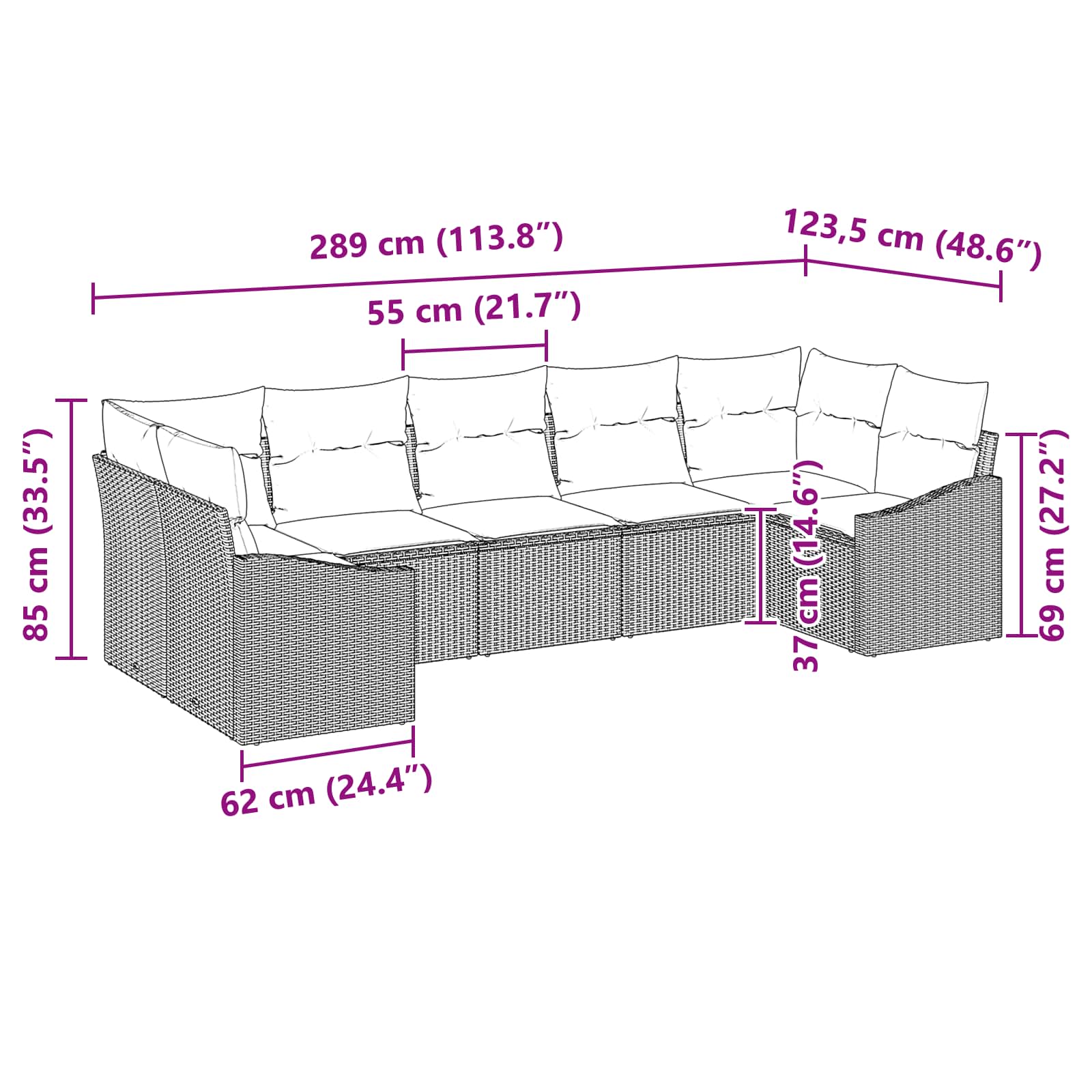 vidaXL Bankstel met kussen 7 pcs Zwart poly rattan