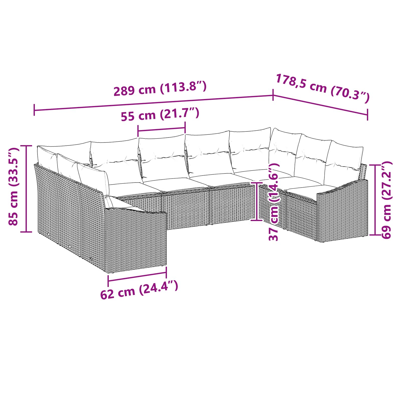 vidaXL Bankstel met kussen 9 pcs Zwart poly rattan