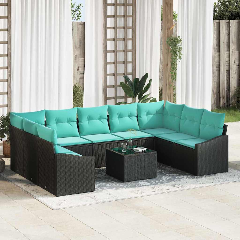 vidaXL Bankstel met kussen 9 pcs Zwart poly rattan