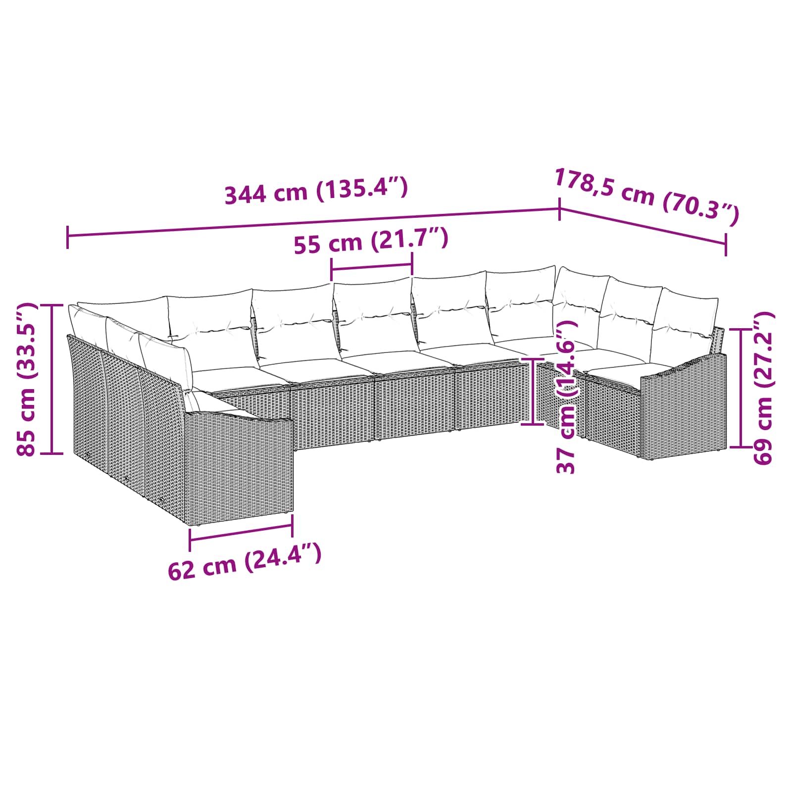 vidaXL Bankstel met kussen 10 pcs Zwart poly rattan