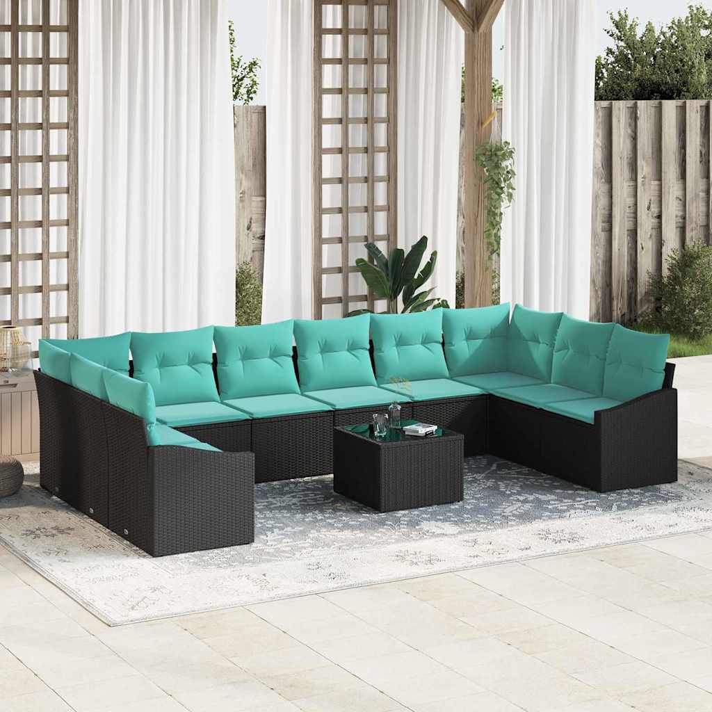vidaXL Bankstel met kussen 10 pcs Zwart poly rattan