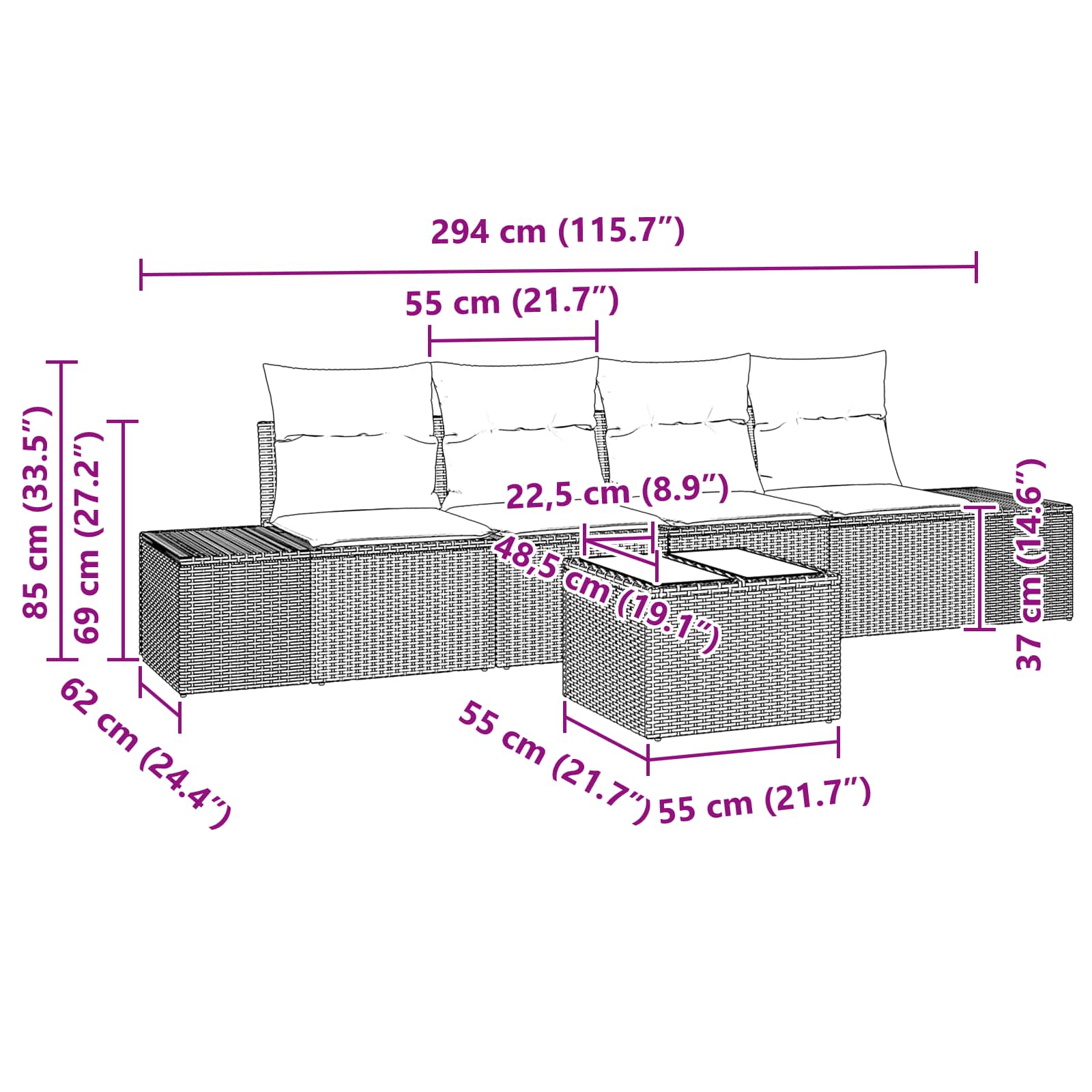vidaXL Bankstel met kussen 5 pcs Bruin poly rattan