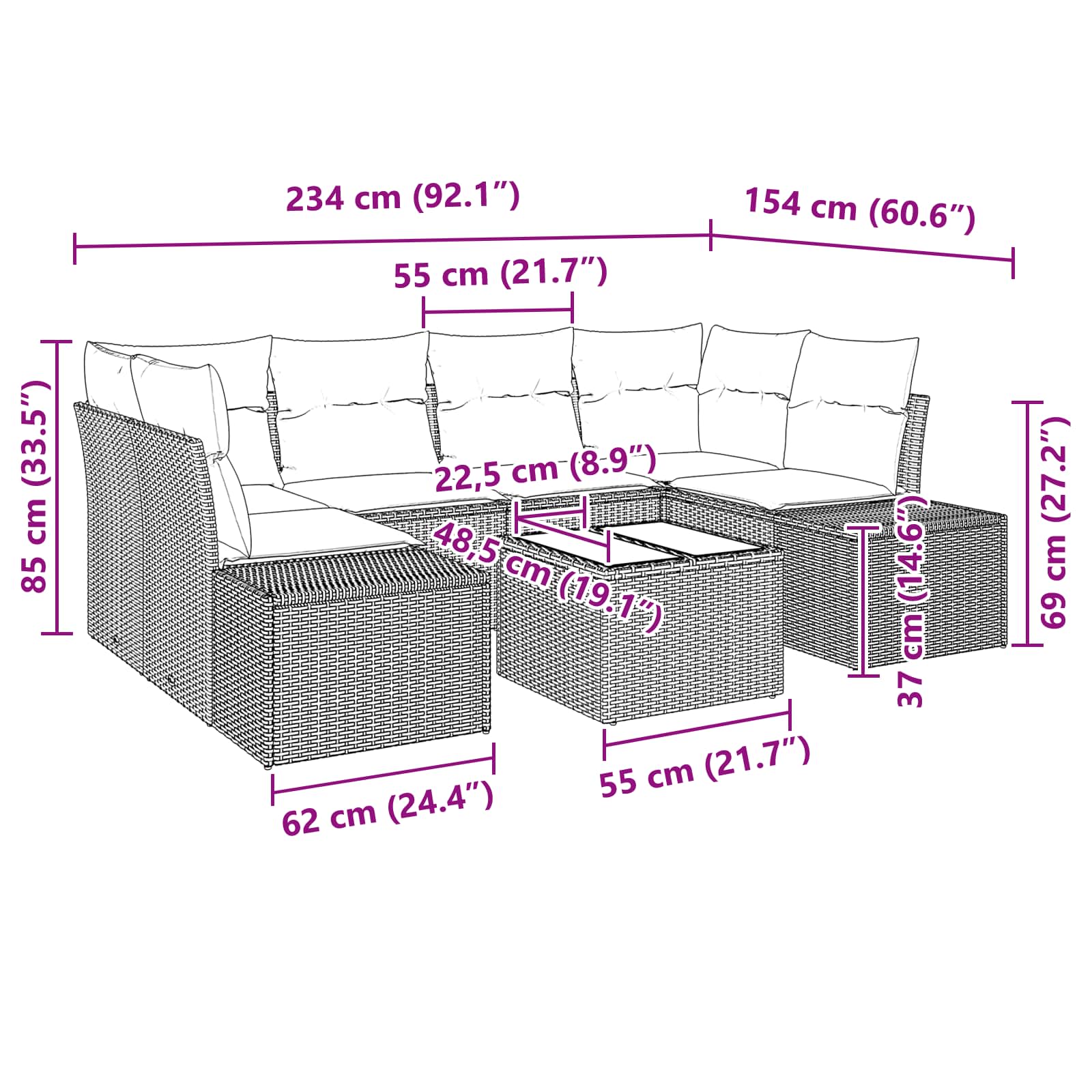 vidaXL Tuin Sofa Set met kussen 7 pcs Bruin poly rattan