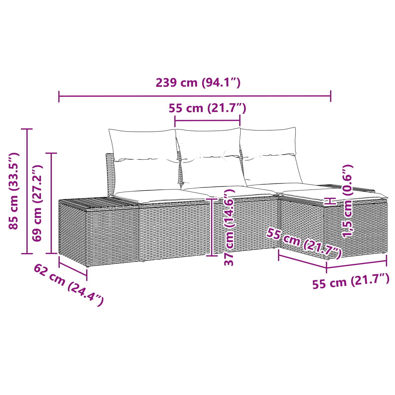 vidaXL Bankstel met kussen 4 pcs Bruin Poly Rattan