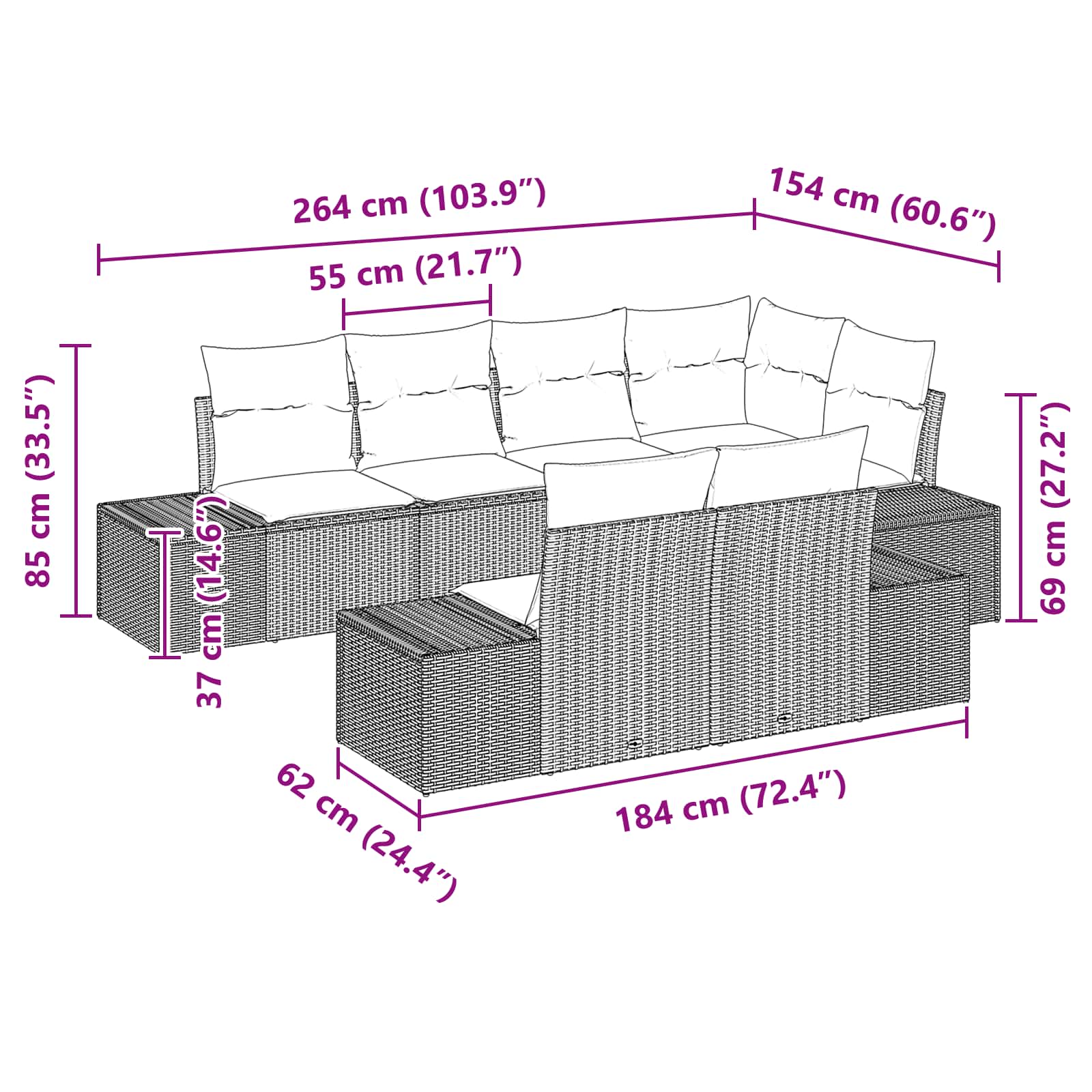 vidaXL Tuin Sofa Set met kussen 7 pcs Bruin poly rattan