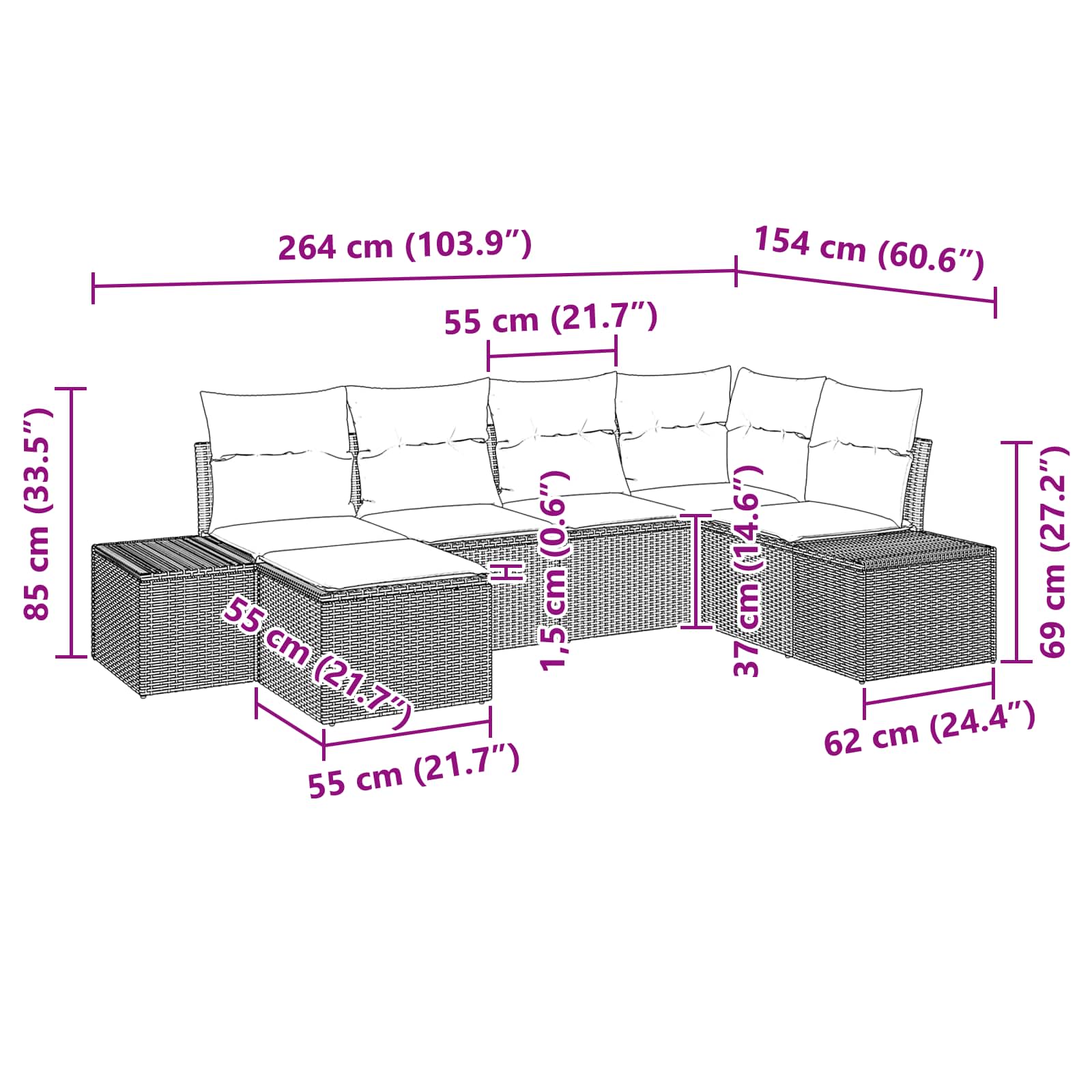 vidaXL Tuin Sofa Set met kussen 6 pcs Bruin poly rattan