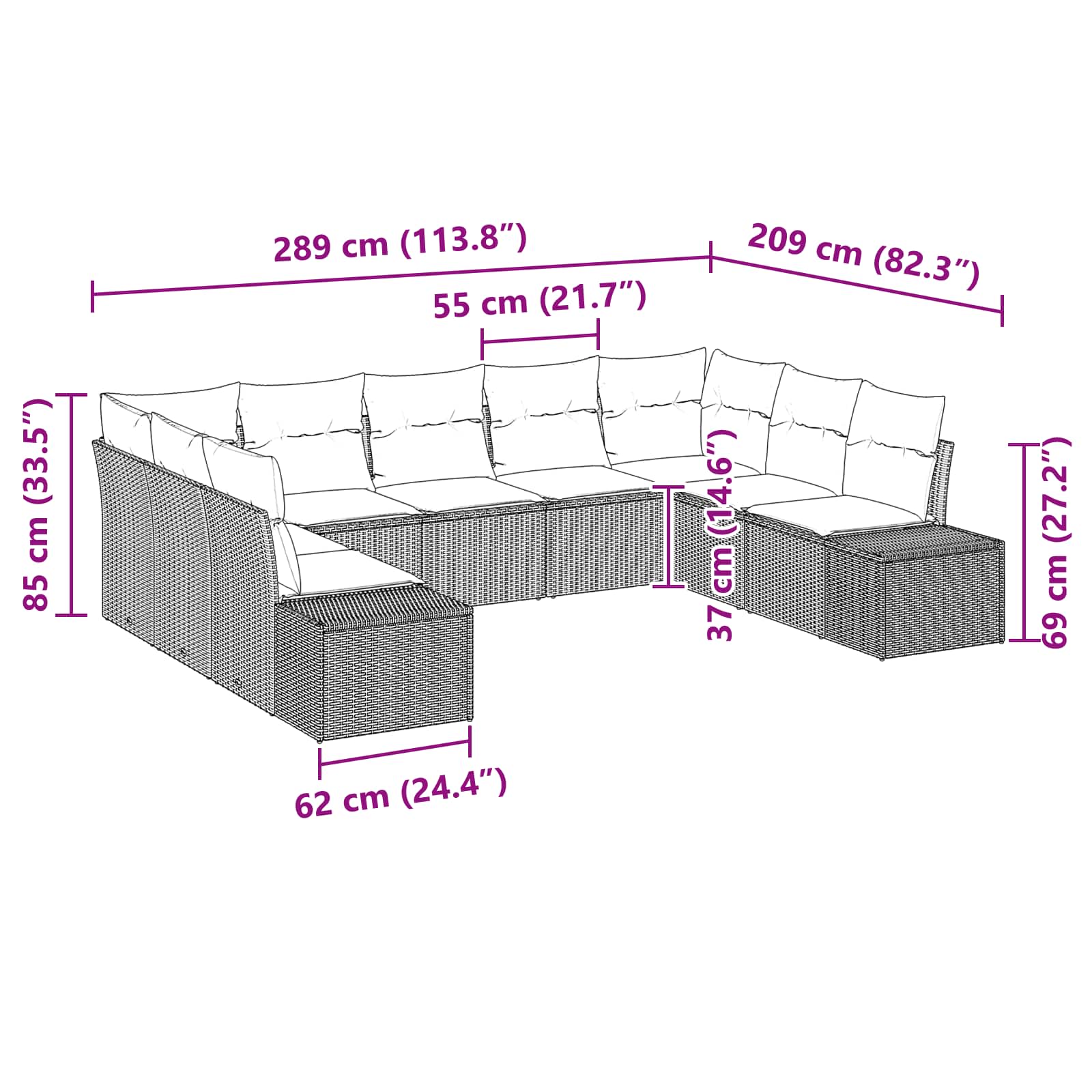 vidaXL Tuin Sofa Set met kussen 9 pcs Bruin poly rattan