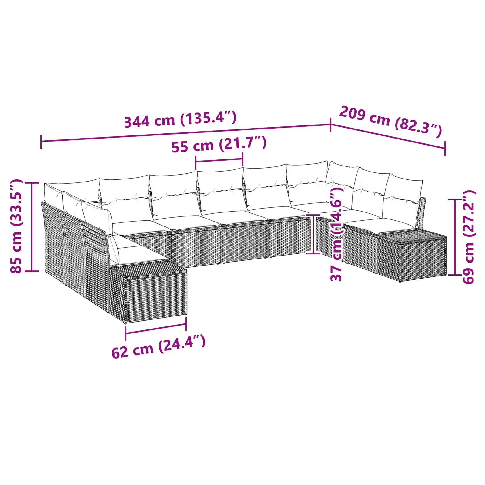 vidaXL Tuin Sofa Set met kussen 10 pcs Bruin poly rattan