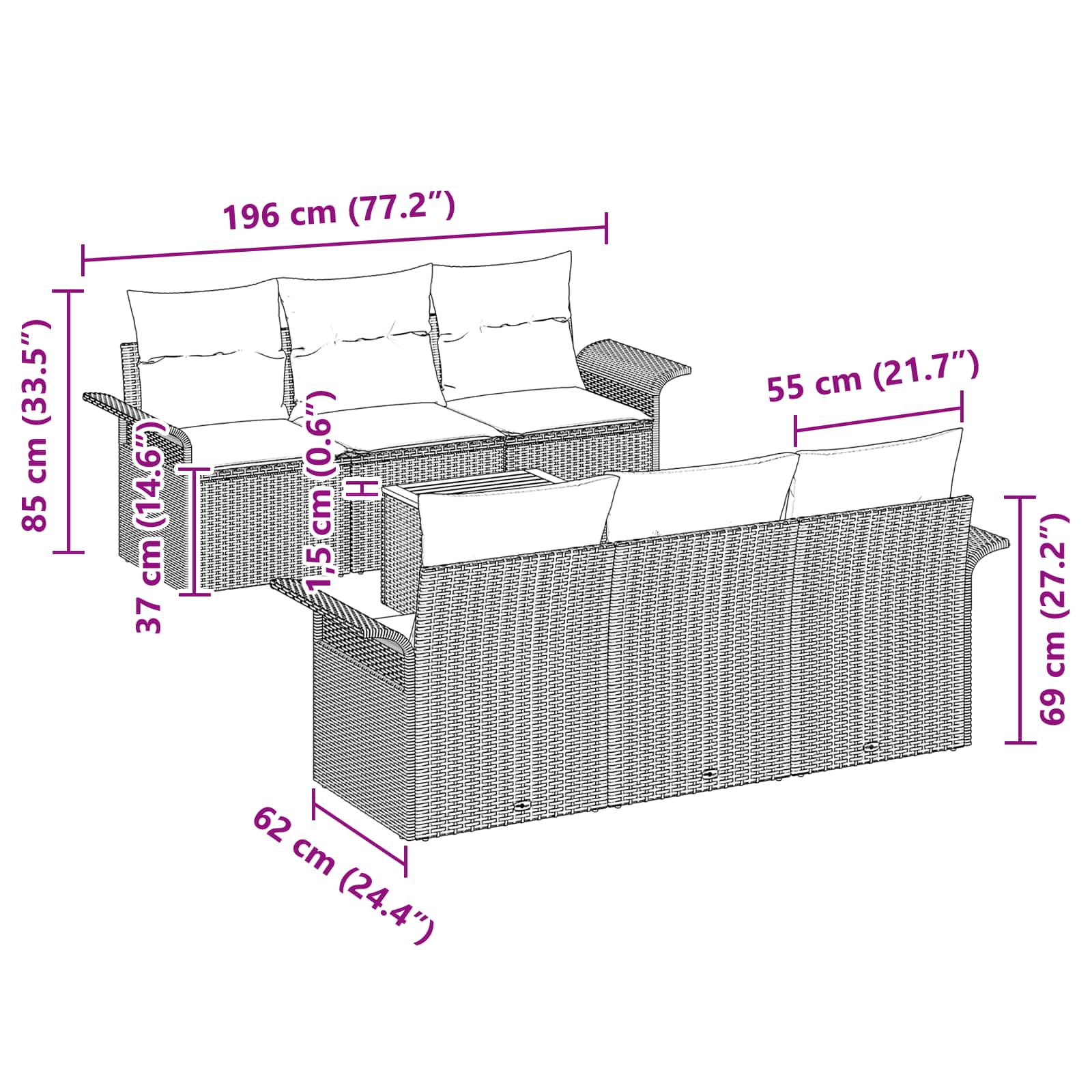 vidaXL Tuinbankenset met kussen 7 pcs Zwart poly rattan