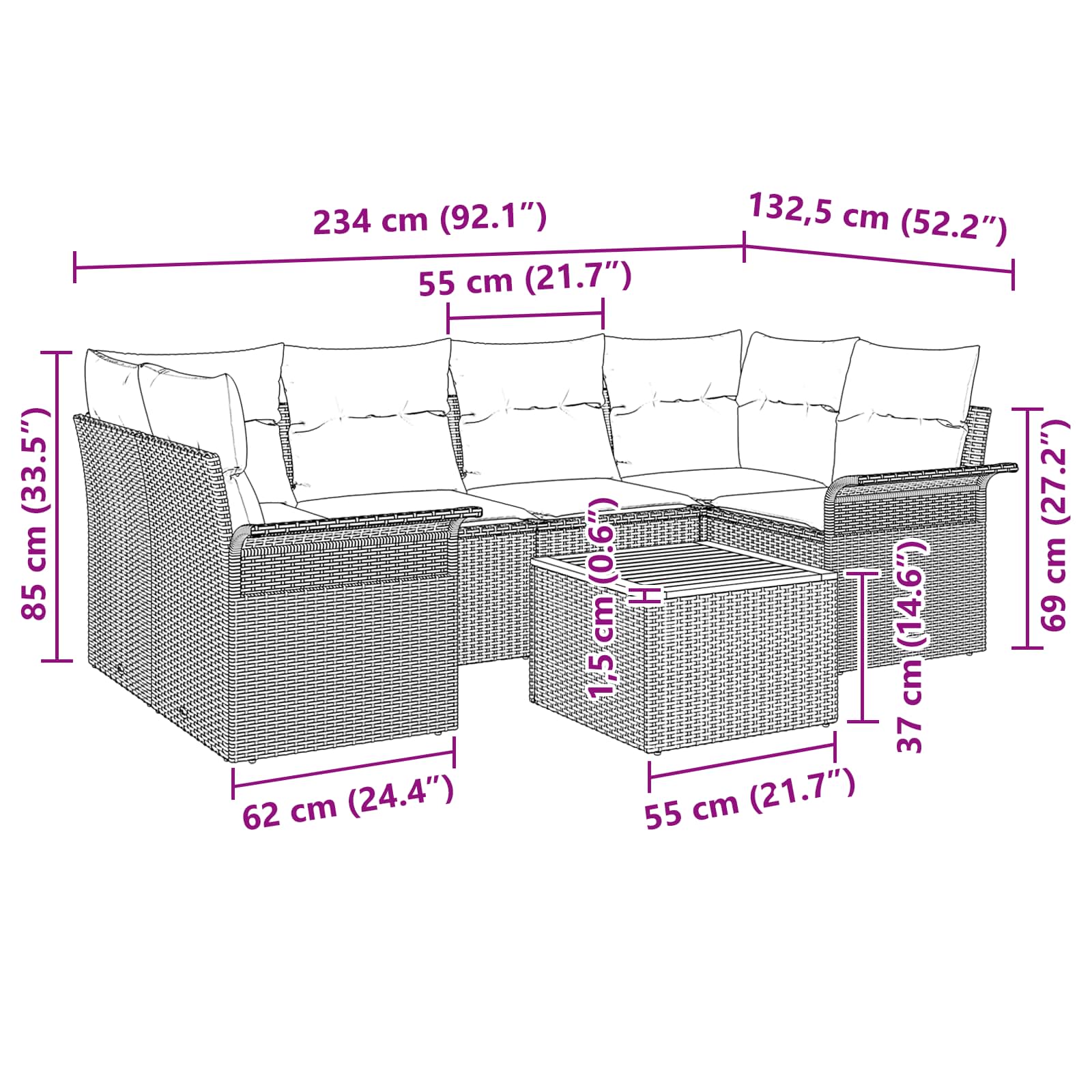 vidaXL Tuinbankenset met kussen 7 pcs Zwart poly rattan