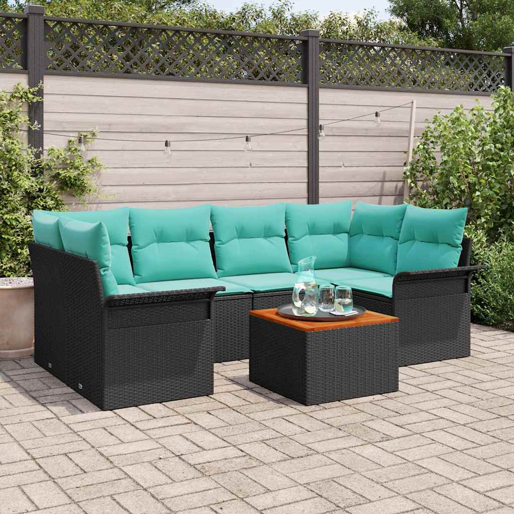 vidaXL Tuinbankenset met kussen 7 pcs Zwart poly rattan