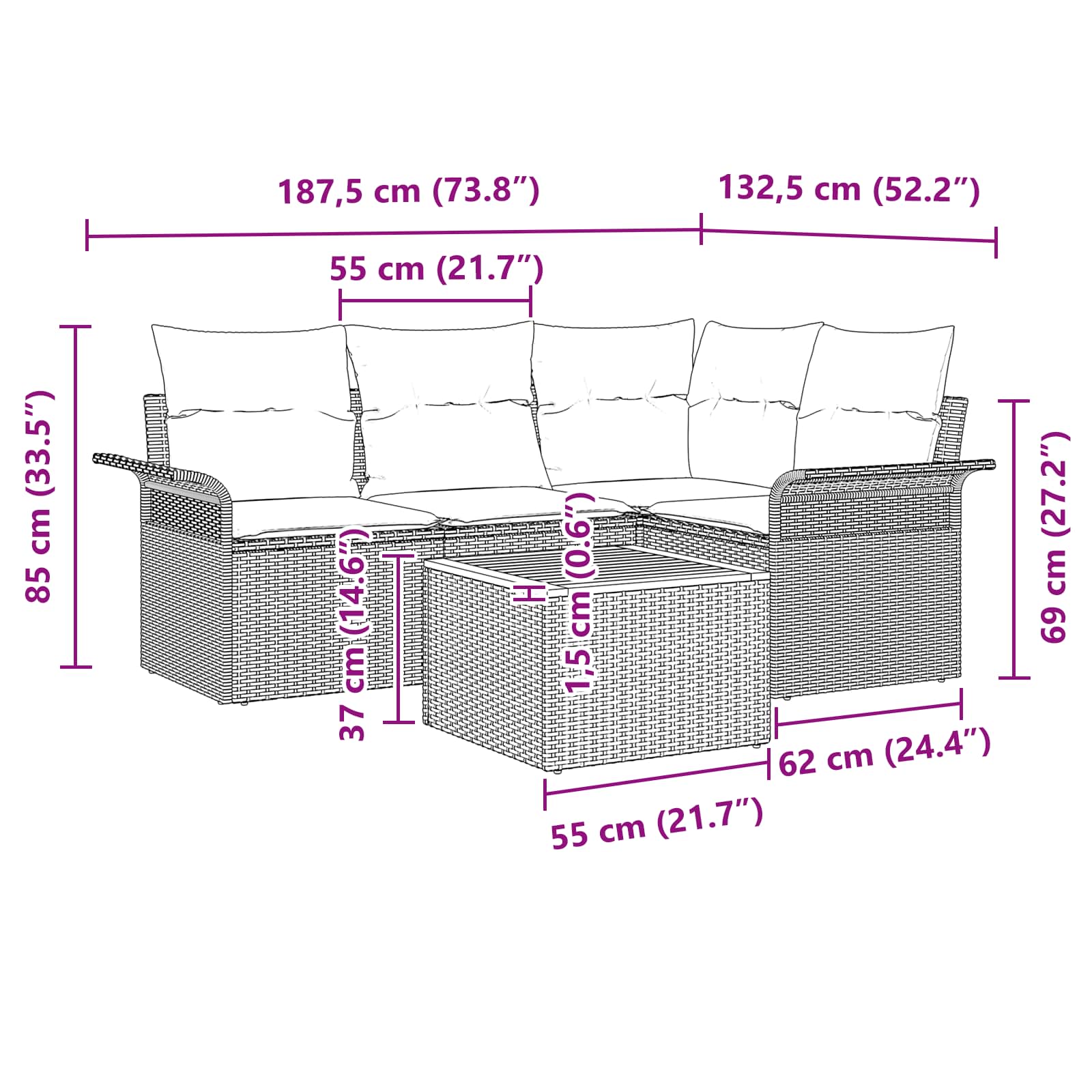 vidaXL Tuinbankenset met kussen 5 pcs Zwart poly rattan