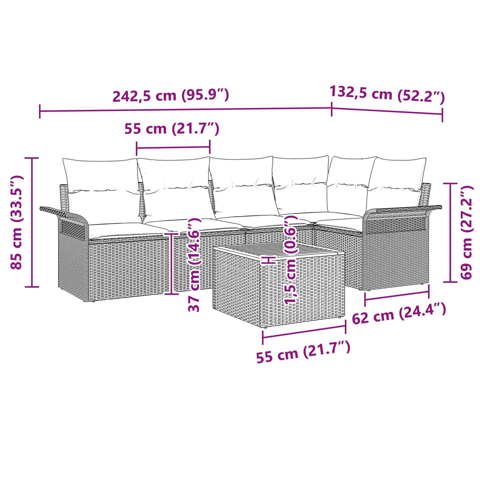 vidaXL Tuinbankenset met kussen 6 pcs Zwart poly rattan