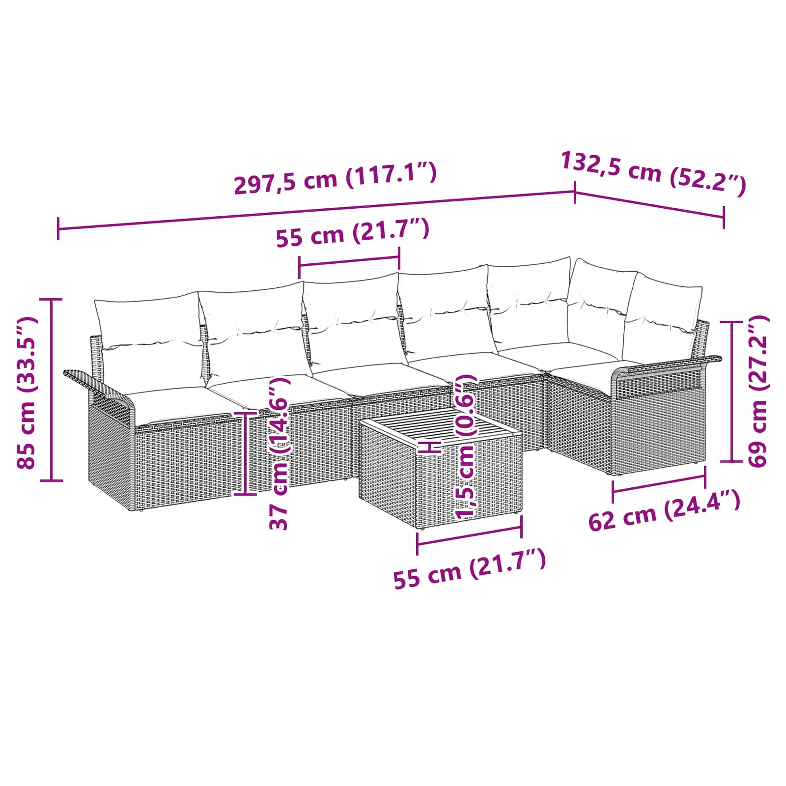 vidaXL Tuinbankenset met kussen 7 pcs Zwart poly rattan