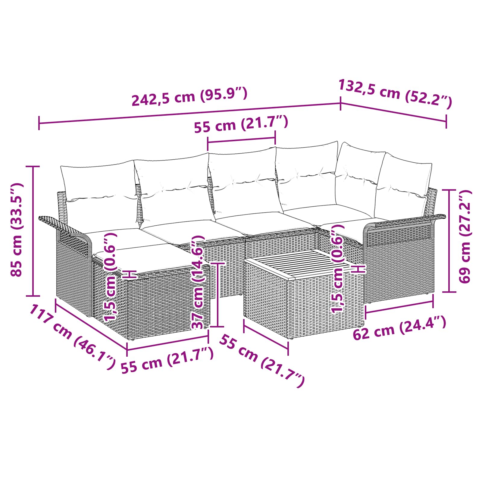 vidaXL Tuinbankenset met kussen 7 pcs Zwart poly rattan