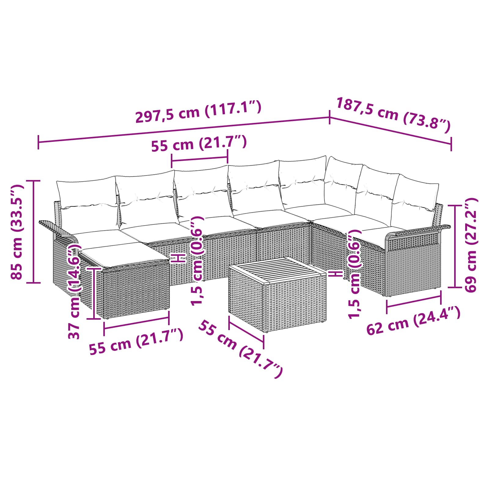 vidaXL Tuinbankenset met kussen 9 pcs Zwart poly rattan