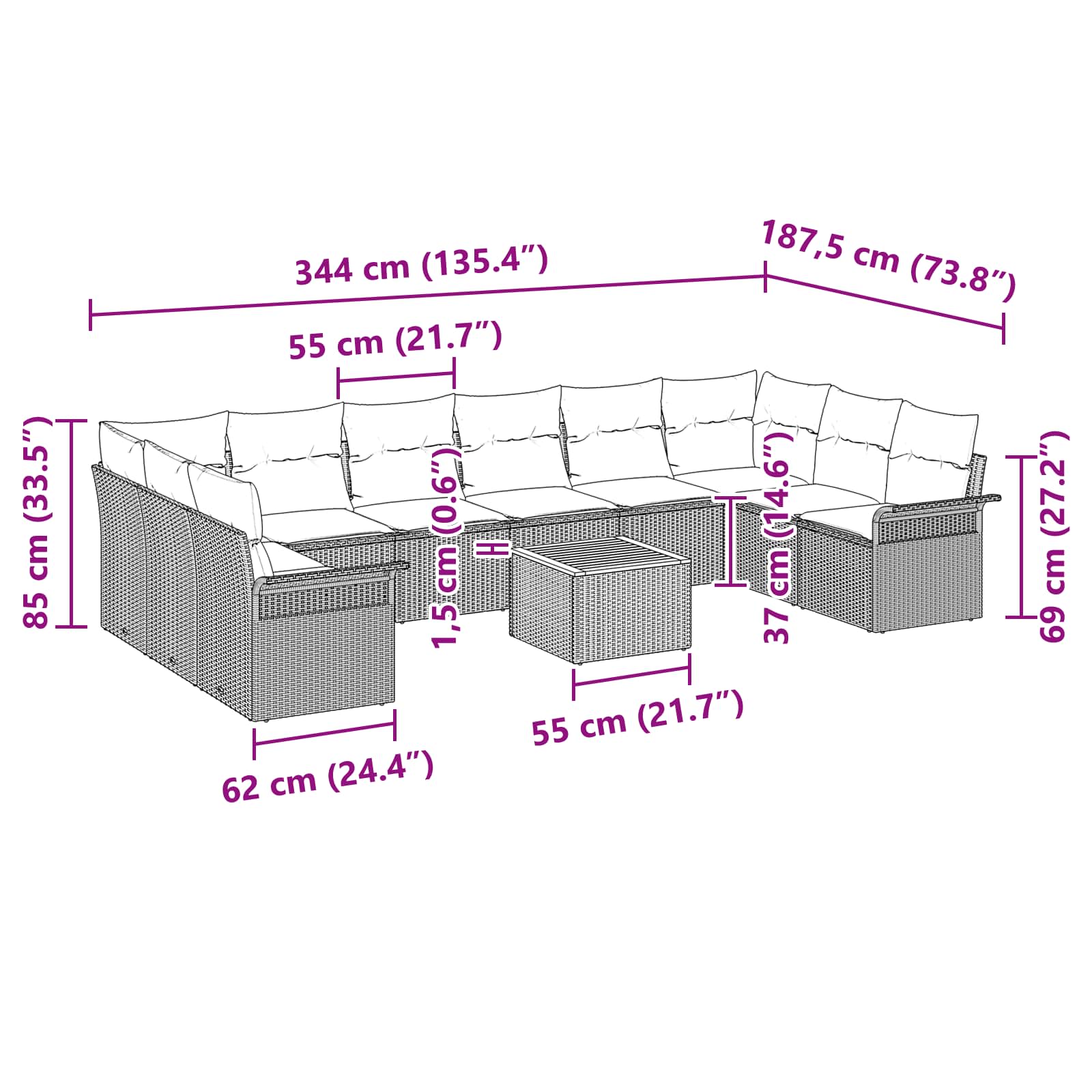 vidaXL Tuinbankenset met kussen 11 pcs Zwart poly rattan