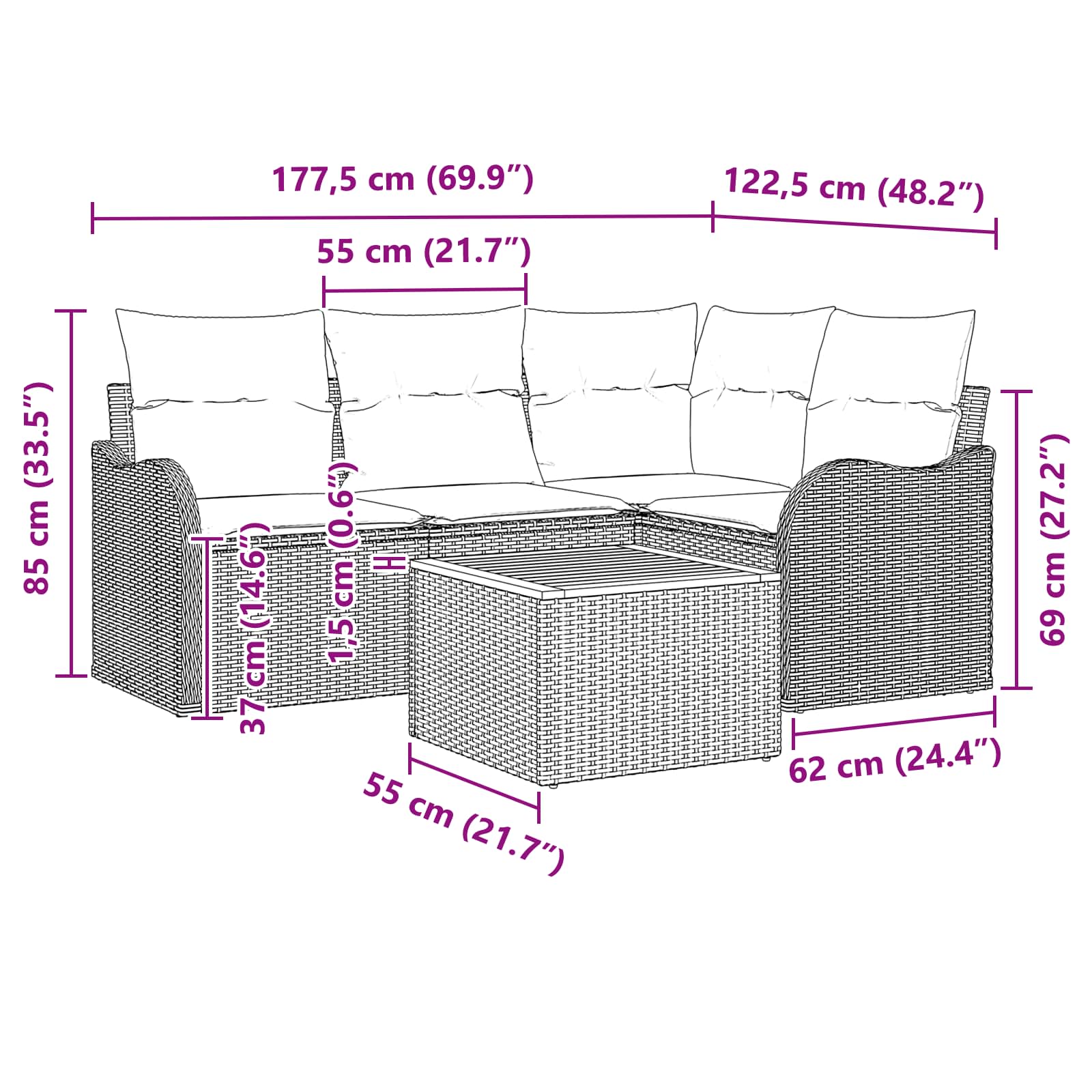 vidaXL Tuinbankenset 5 st Grijs poly rattan
