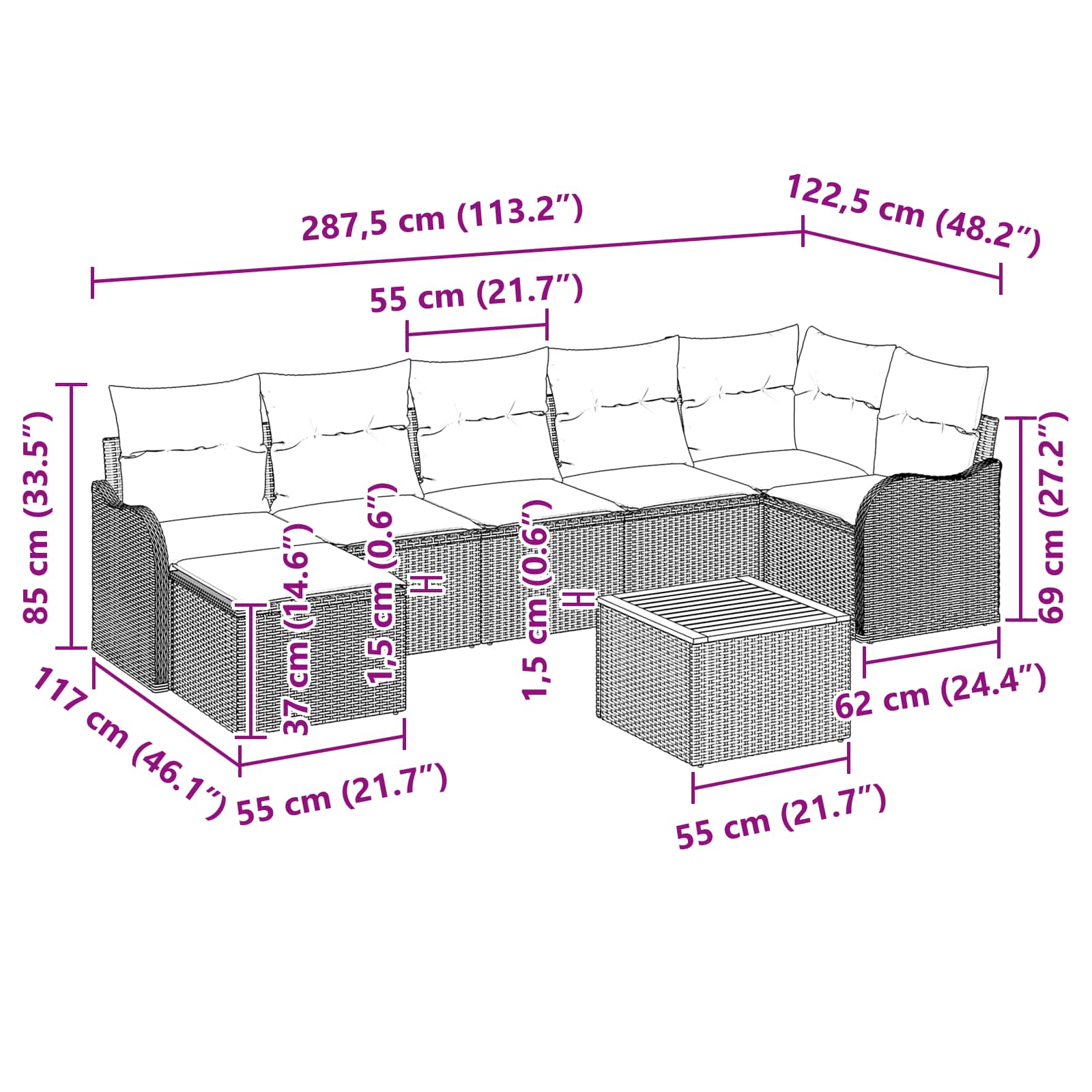 vidaXL Tuinbankenset 8 st Grijs poly rattan