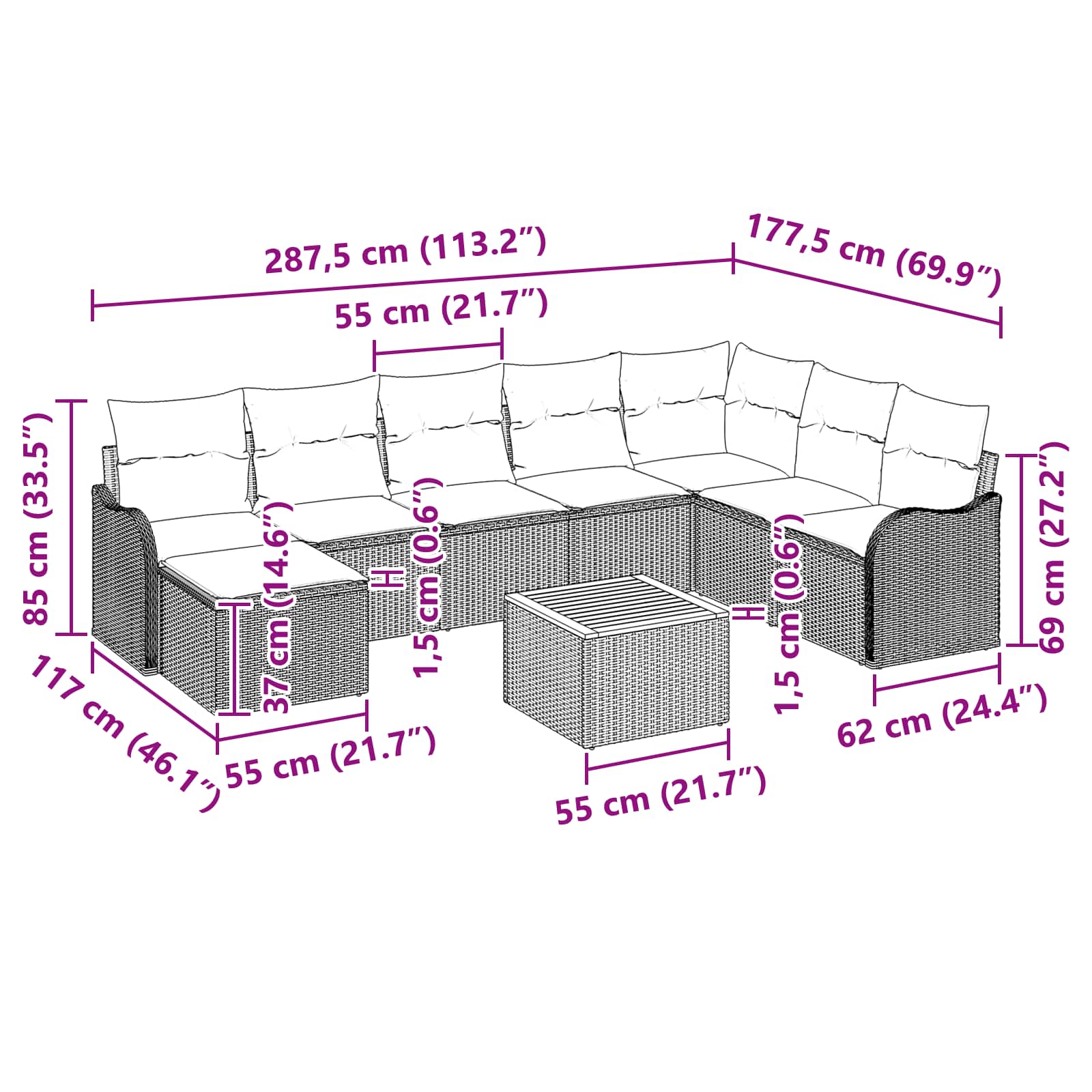 vidaXL Tuinbankenset 9 st Grijs poly rattan