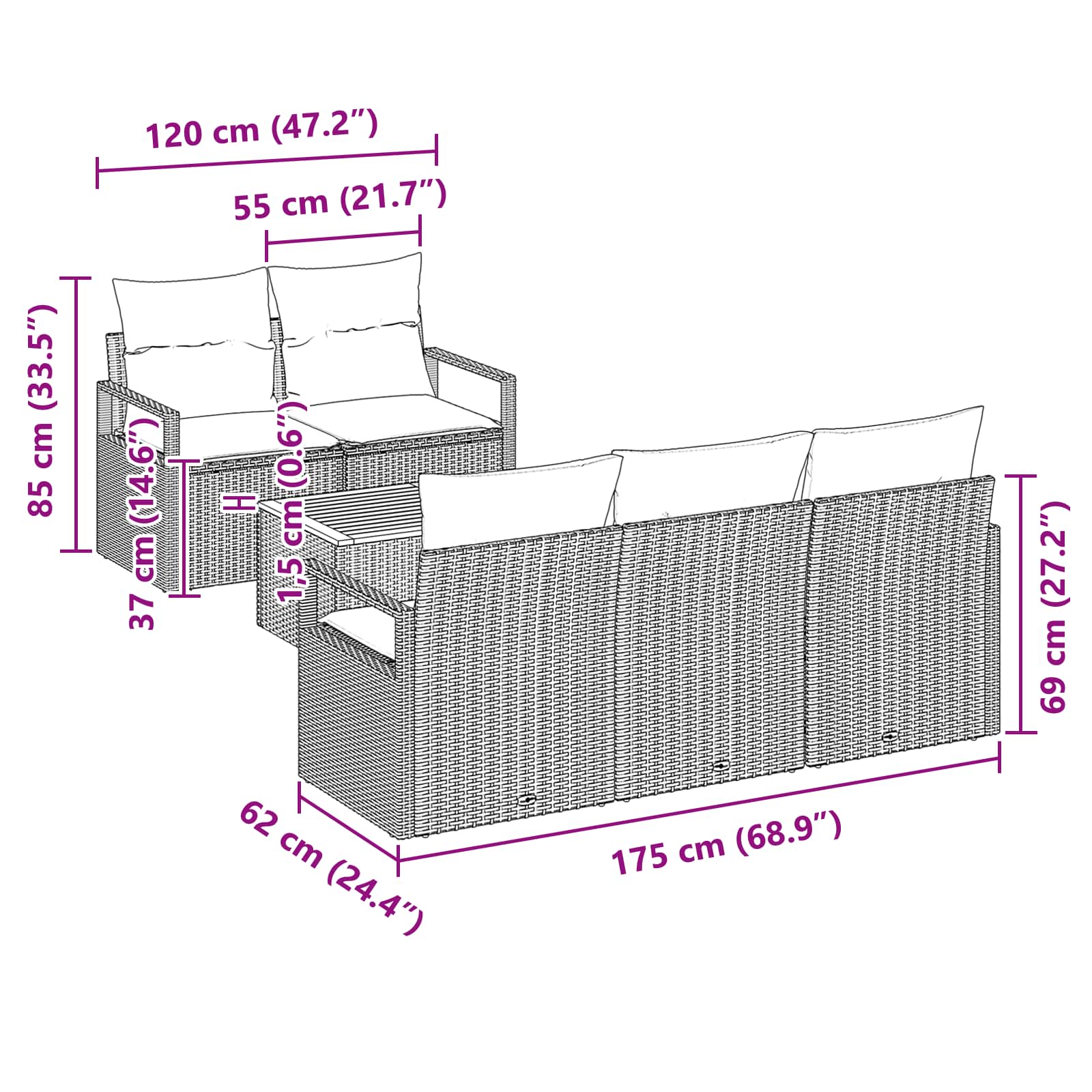 vidaXL Tuinbankenset met kussen 6 pcs Grijs poly rattan