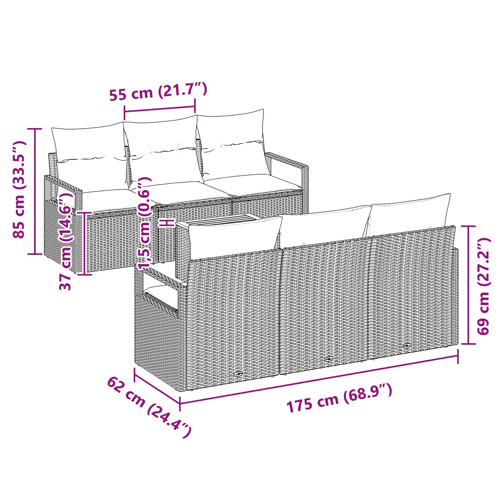 vidaXL Tuinbankenset met kussen 7 pcs Grijs poly rattan
