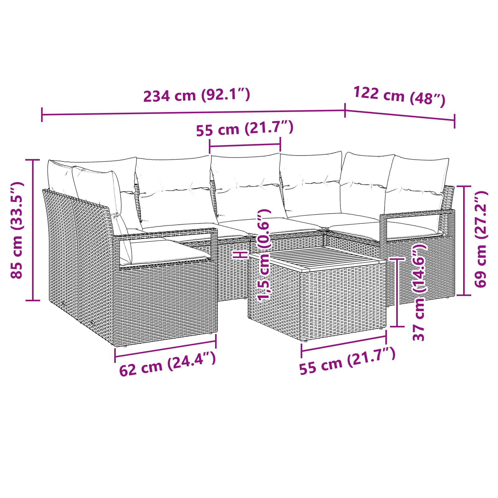vidaXL Tuinbankenset met kussen 7 pcs Grijs poly rattan