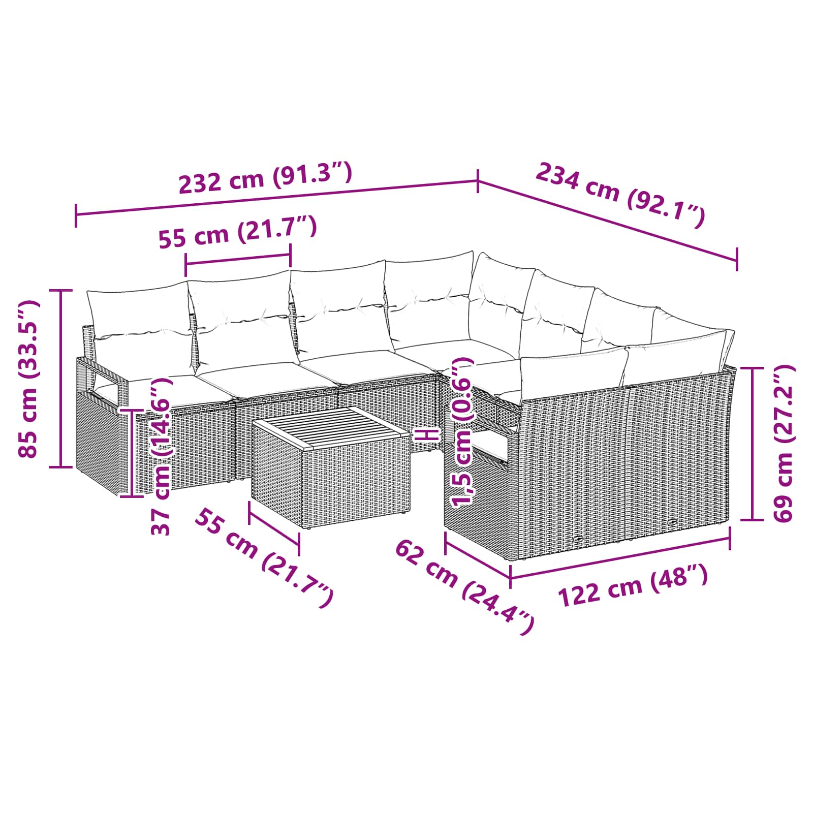 vidaXL Tuinbankenset met kussen 9 pcs Grijs poly rattan