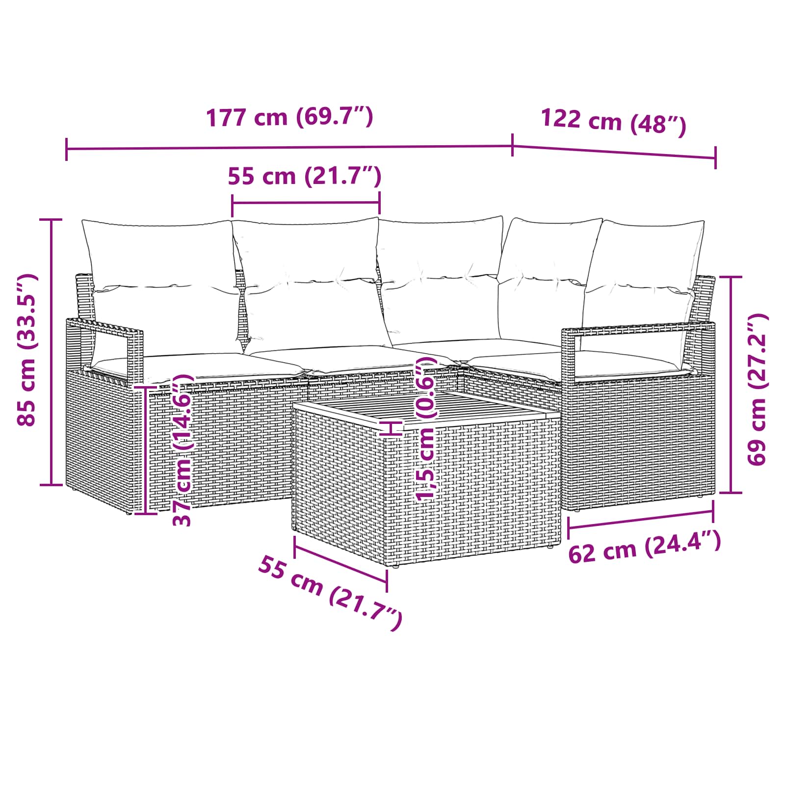 vidaXL Tuinbankenset met kussen 5 pcs Grijs poly rattan
