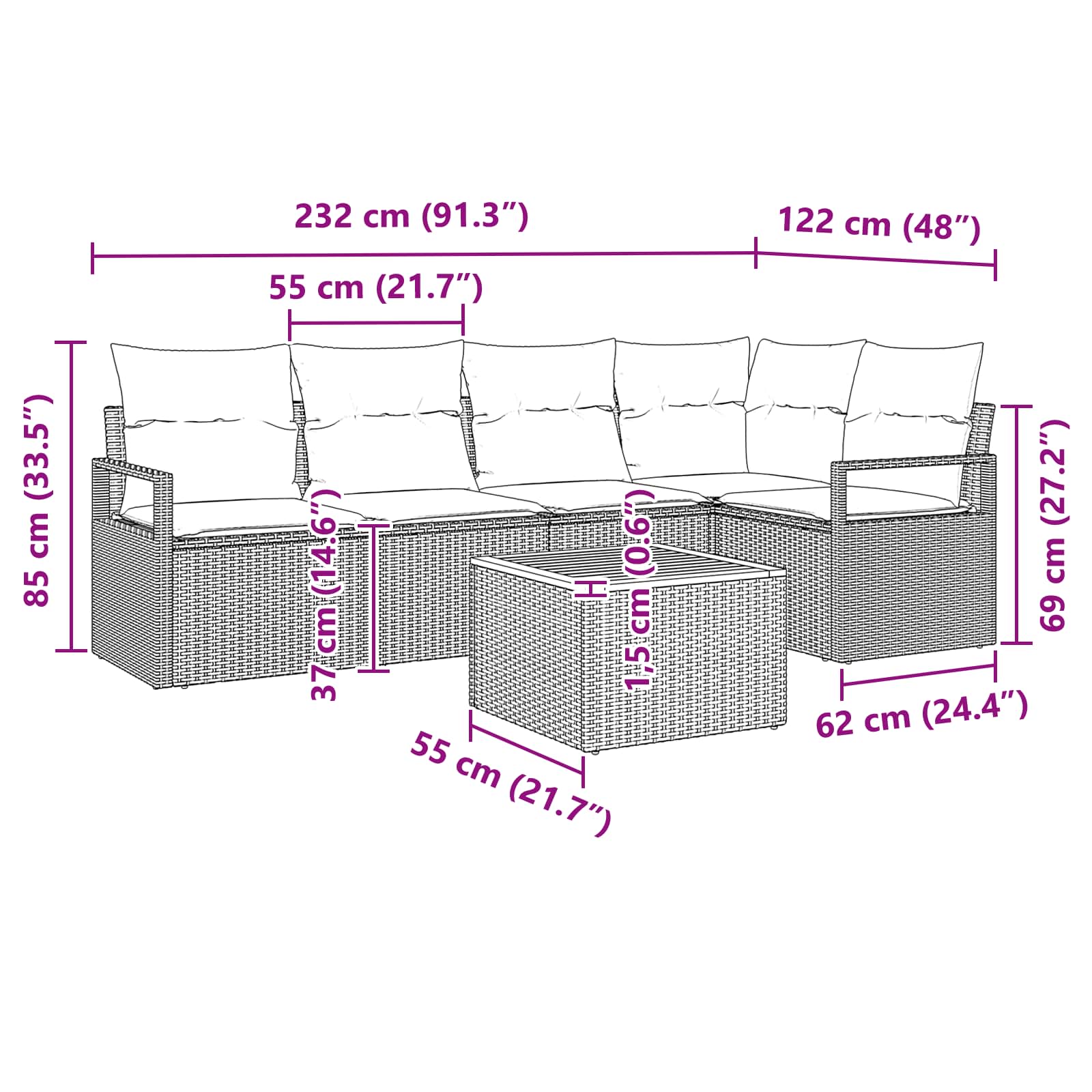 vidaXL Tuinbankenset met kussen 6 pcs Grijs poly rattan